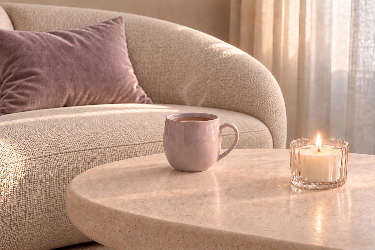 Mug mauve poudré de Muse Opal et bougie en verre sur une table en pierre champagne, devant un canapé ivoire — rituel Opaline de Hazellia.