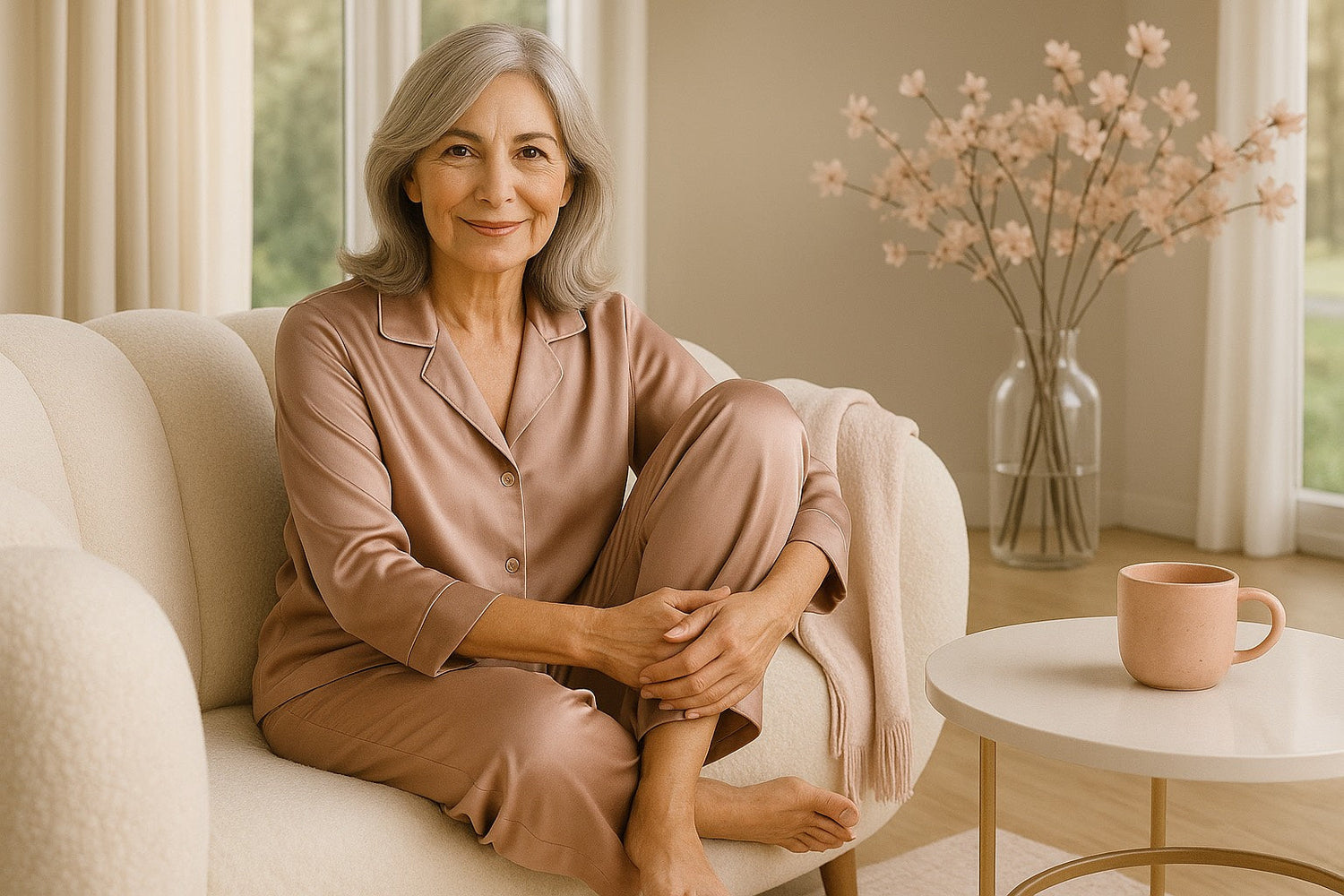 Femme mature apaisée en tenue satinée, symbole de bien-être et d’équilibre féminin pendant la ménopause.