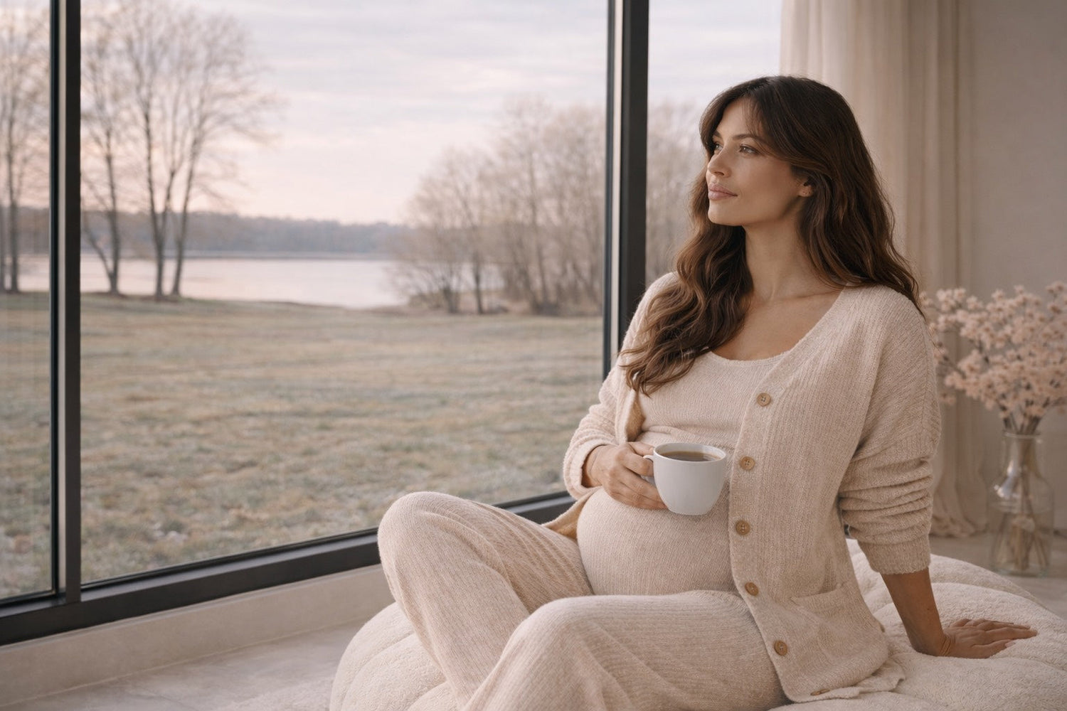 Femme enceinte assise dans un fauteuil cocooning près d’une baie vitrée, tenant une tasse d’infusion, ambiance douce et bien-être féminin.