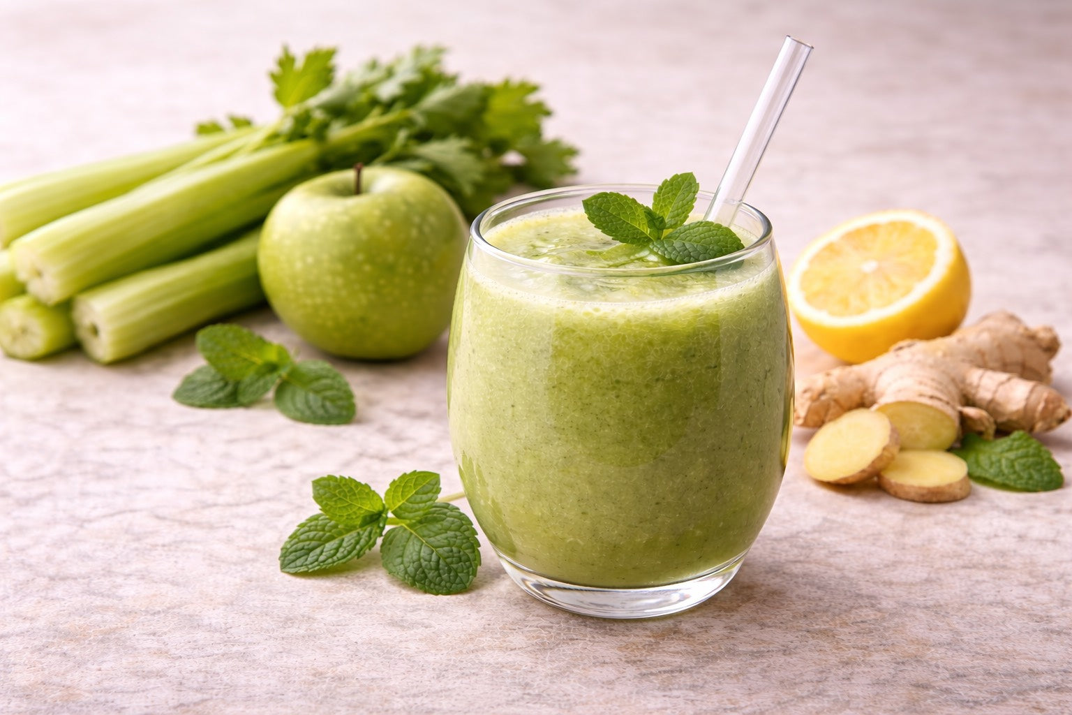 Jus vert au céleri servi dans un verre élégant, ambiance douce et lumineuse, univers bien-être féminin Saison Dorée Hazellia.