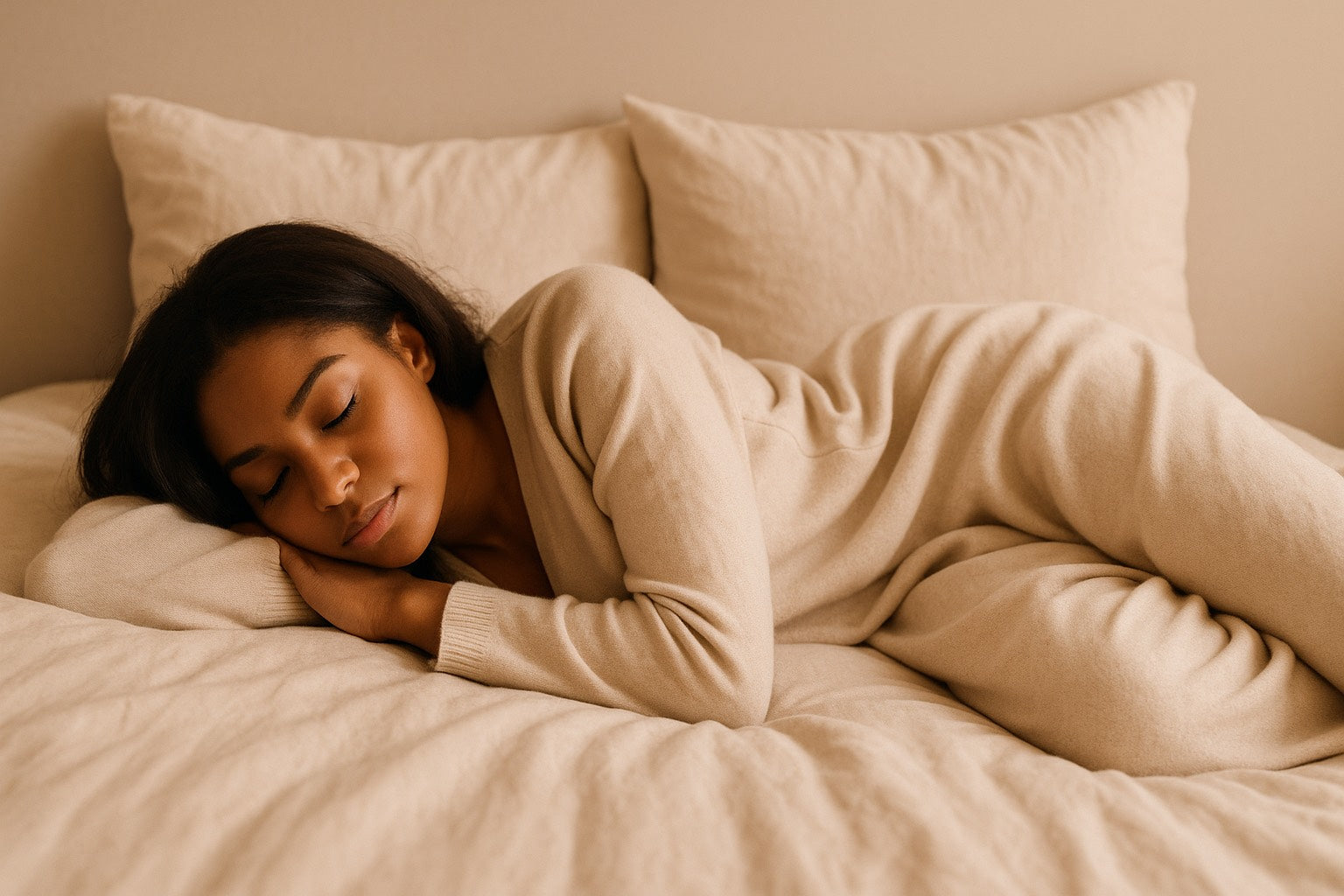 Femme allongée sur un lit beige, reposant dans une ambiance douce et apaisante.
