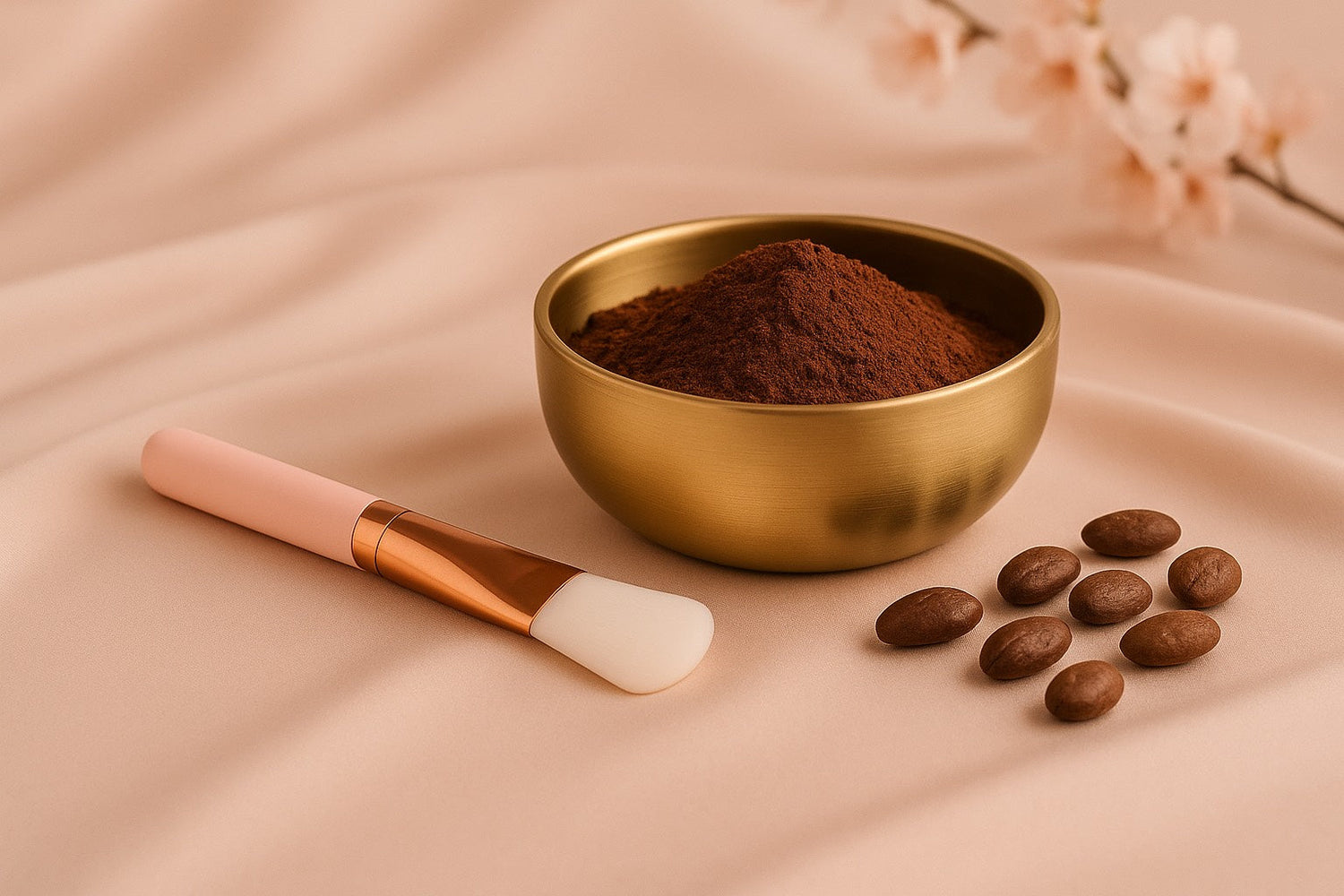 Bol doré avec cacao brut sur tissu beige, pinceau rose et fèves autour.