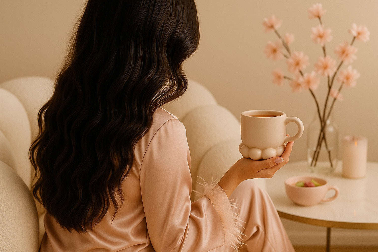Femme en satin rose face à un décor doux Hazellia, fleurs de cerisier et tasse rose, atmosphère apaisante et féminine.