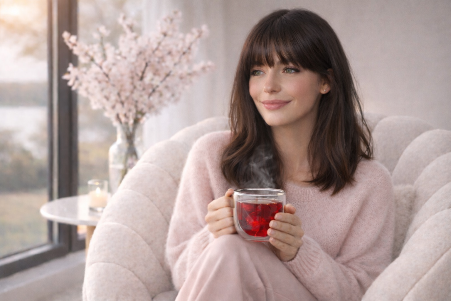  Femme assise dans un fauteuil beige, tenant une tasse d’infusion rouge d’hibiscus chaude, ambiance cocooning rose poudré, rituel féminin naturel pour la circulation, l’énergie et l’équilibre du cycle.