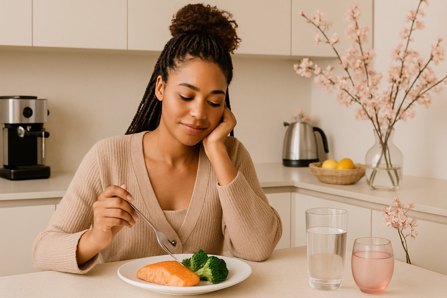 Femme mangeant une assiette saine avec saumon et brocoli, ambiance beige douce avec fleurs et verre d’eau — style naturel bien-être.