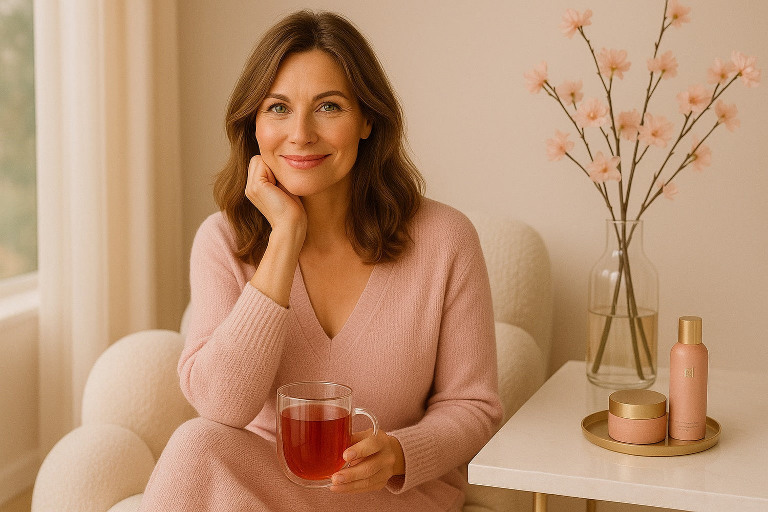 Femme de la saison dorée tenant une tisane d’hibiscus, peau lumineuse et naturelle, ambiance douce et élégante, rituel bien-être féminin après 55 ans.