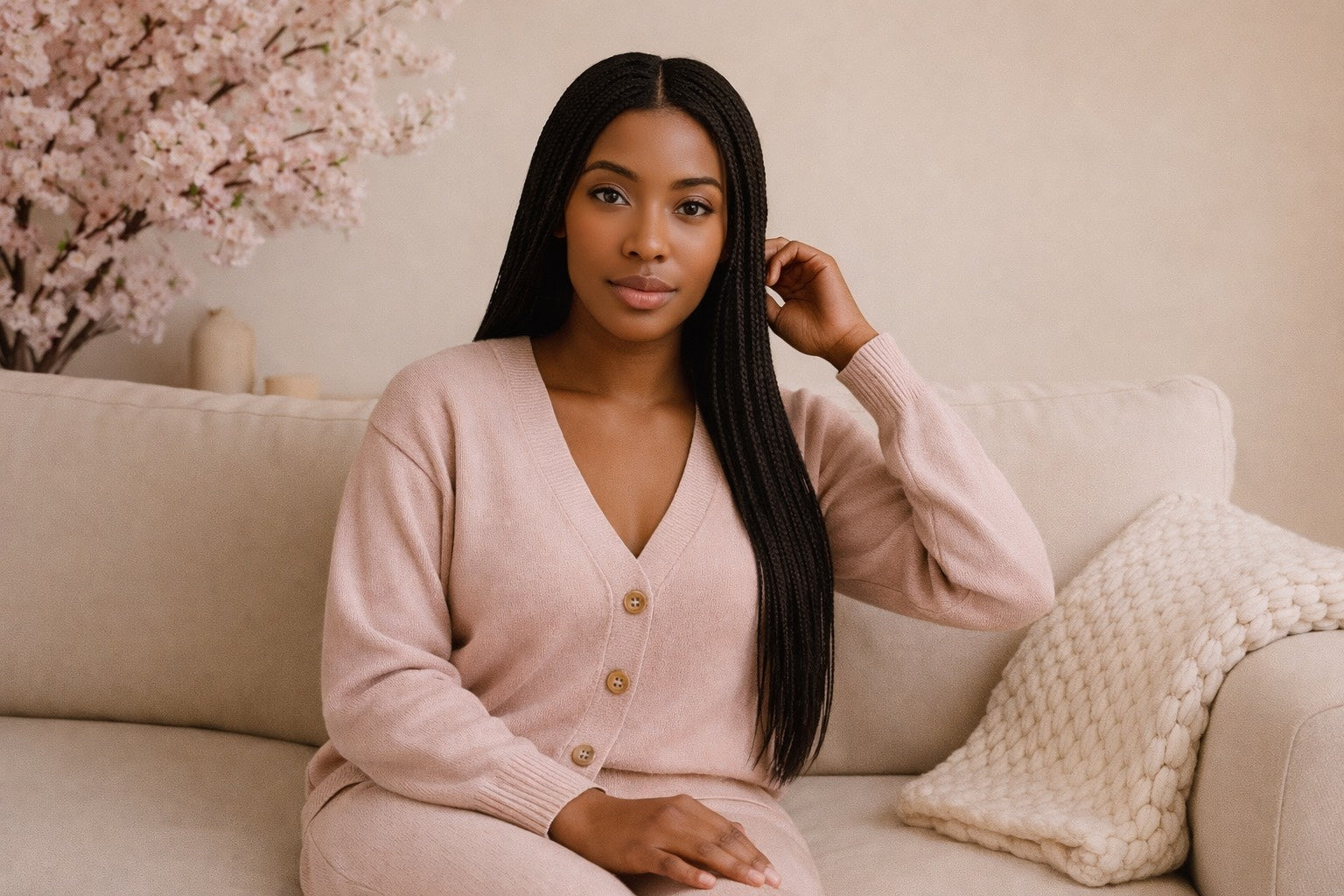 Femme portant un ensemble HazWear rose poudré, assise confortablement dans une ambiance douce et apaisante.