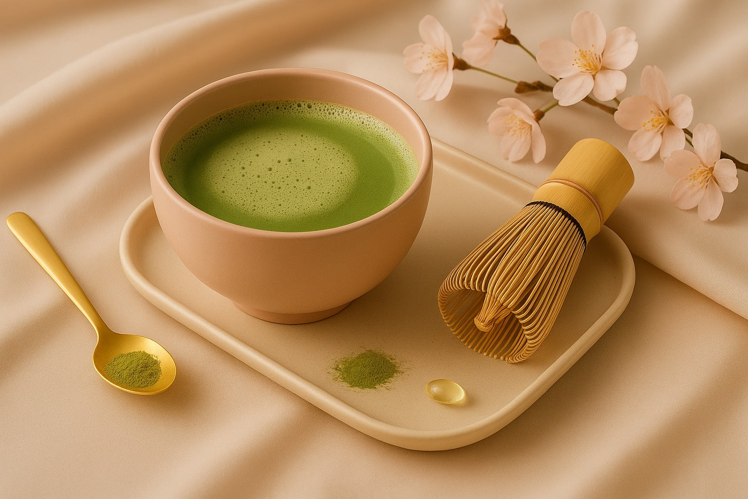 Bol rose de matcha avec fouet japonais, cuillère dorée et fleurs de cerisier sur fond satin beige.