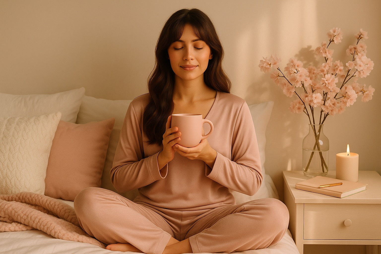 Femme assise en tailleur sur un lit, tenant une tasse chaude, yeux fermés, ambiance douce beige rosé avec fleurs de cerisier, symbole d’énergie féminine et relaxation.
