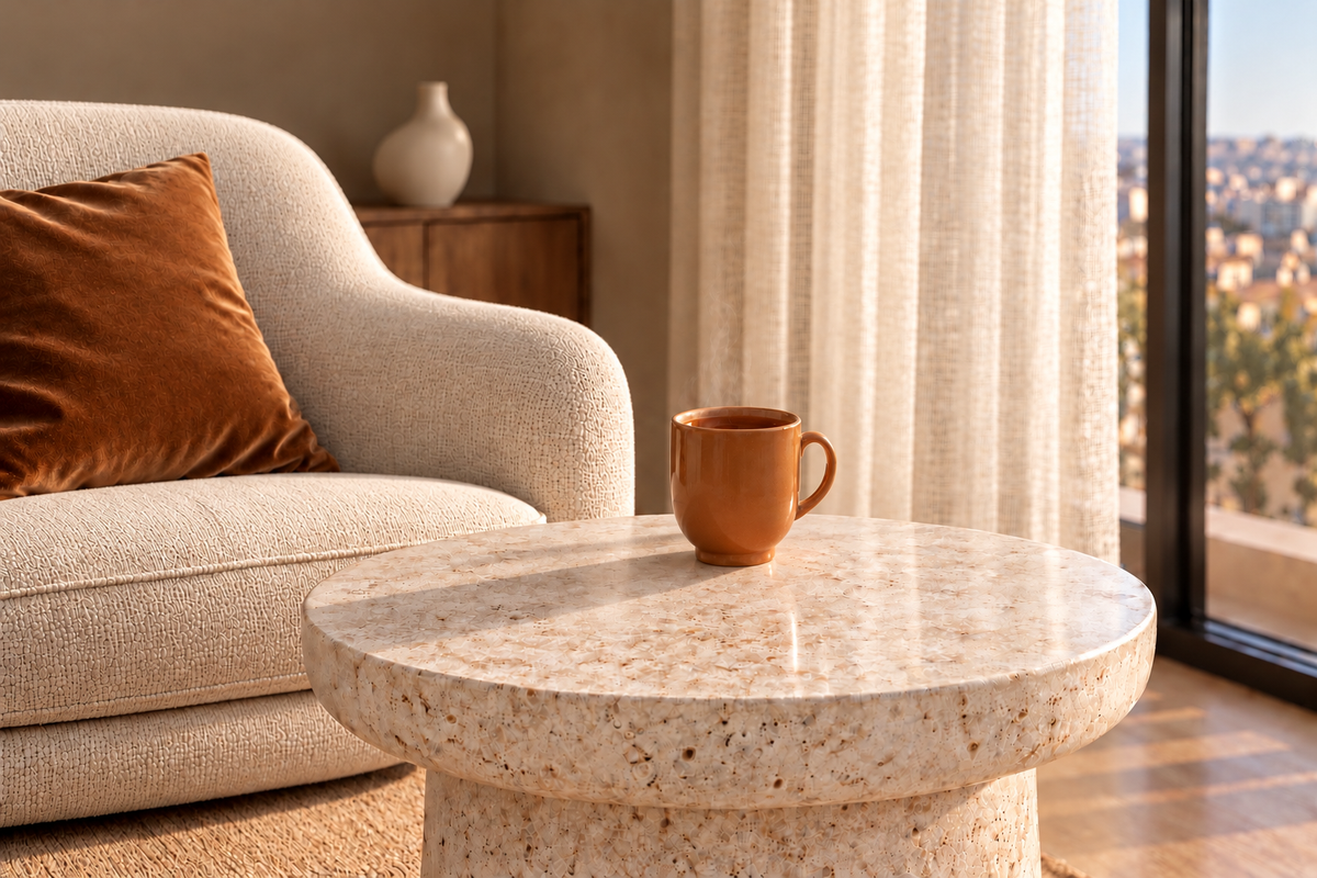 Mug caramel à la vapeur légère sur une table en pierre ivoire, dans un intérieur contemporain beige — rituel Ambre Secret de Fauve Kiss, Hazellia.