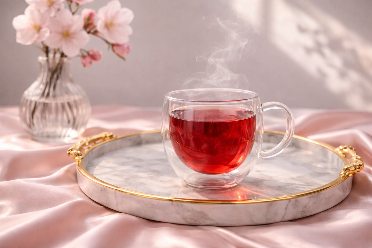 luxury hibiscus tea in glass mug glowing skin beauty ritual hazellia