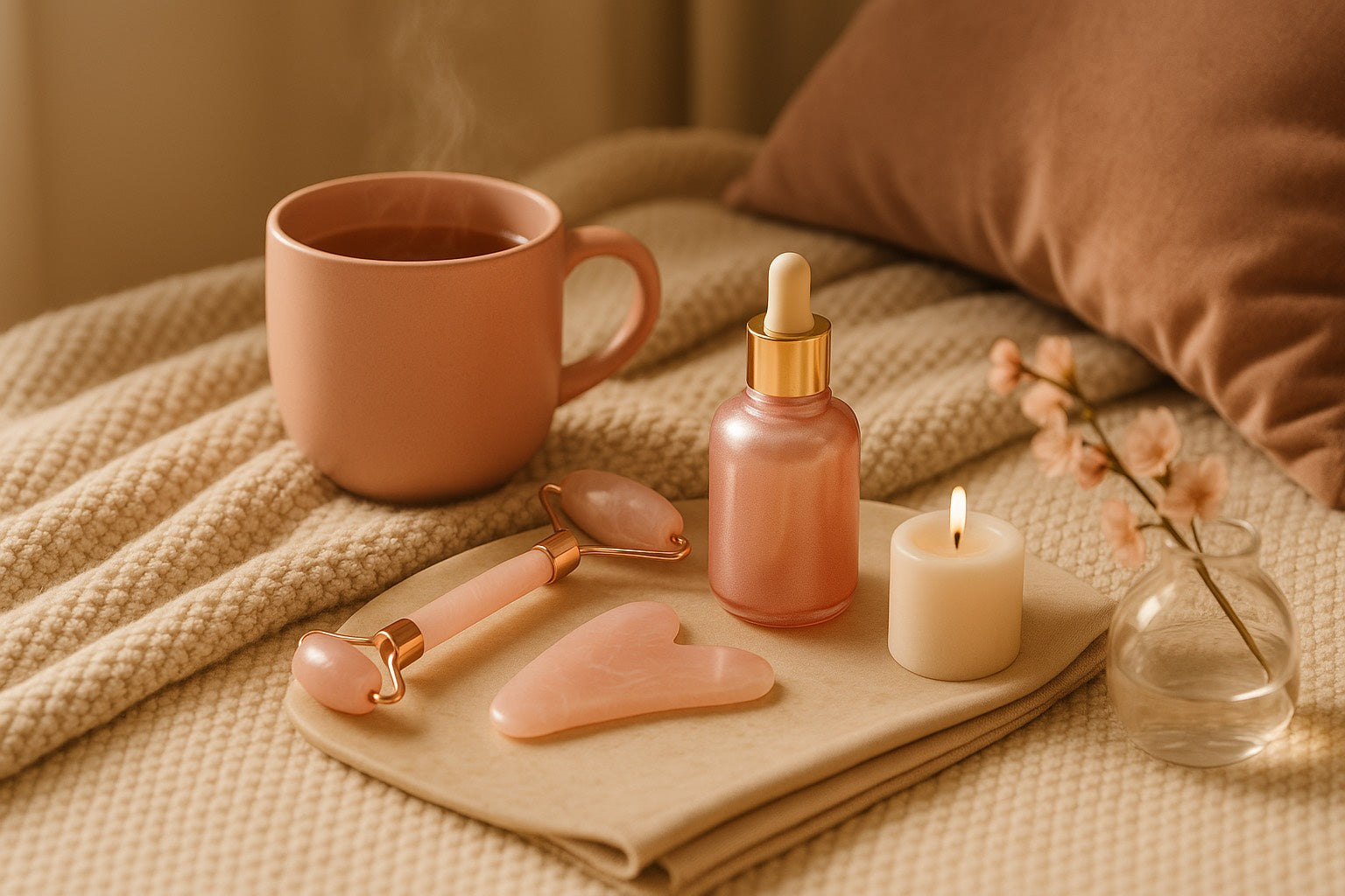  Rituel beauté collagène : tasse d’infusion chaude, gua sha en quartz rose, roller facial, sérum glow et ambiance cocooning pour stimuler l’éclat, la fermeté et la régénération naturelle de la peau.