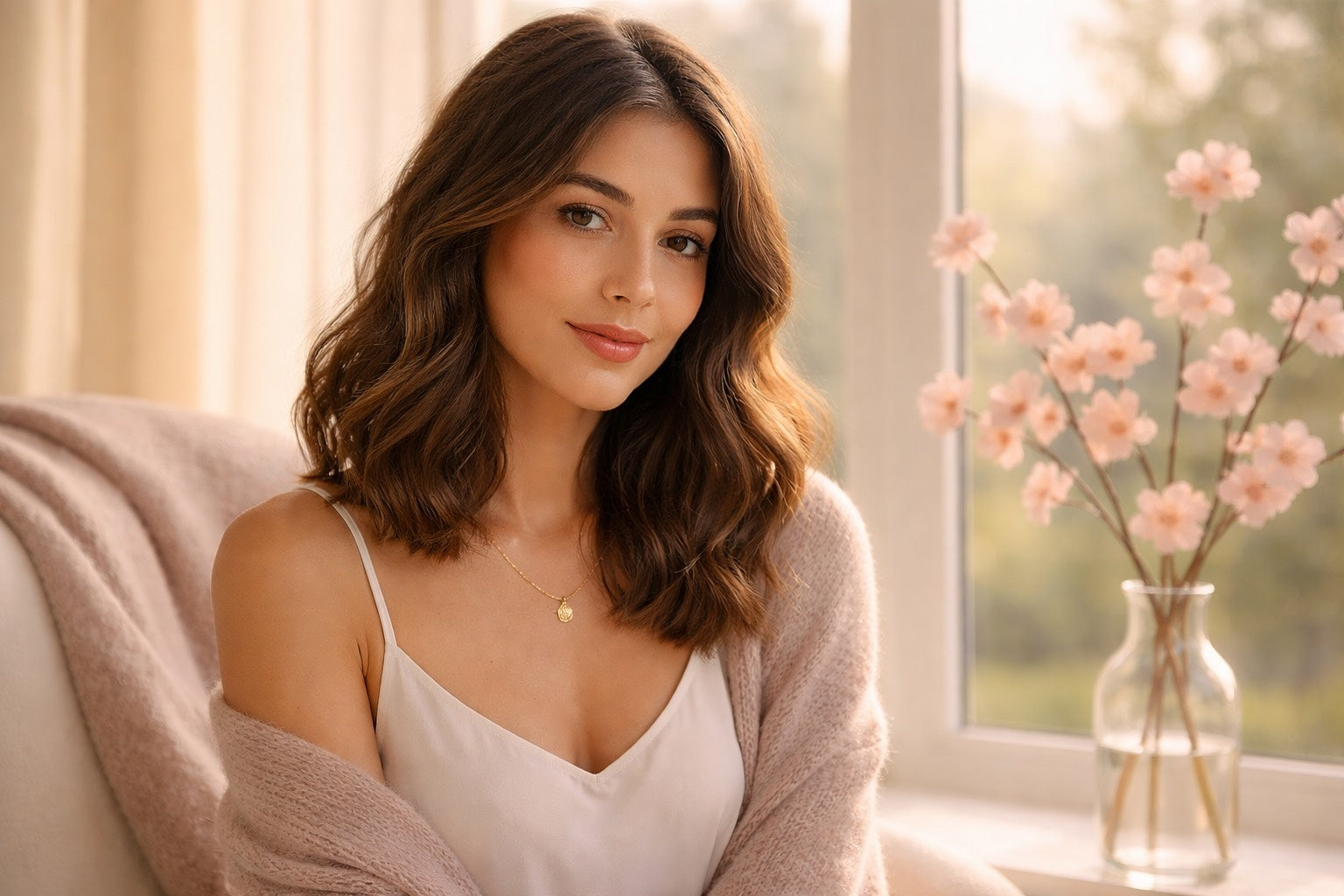 Femme au visage lumineux et apaisé, incarnant la beauté émotionnelle et l’éclat intérieur, ambiance douce et féminine Hazellia.