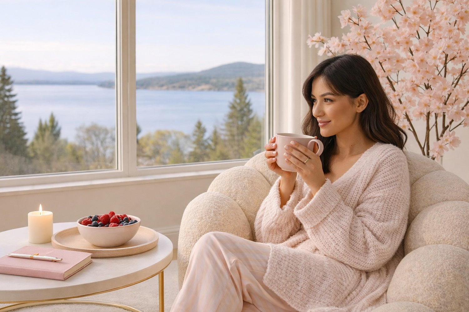 Femme assise dans un fauteuil cocooning, buvant une infusion Hazellia, ambiance douce et apaisante, rituel bien-être pour se recentrer et reprendre sa vie en main.