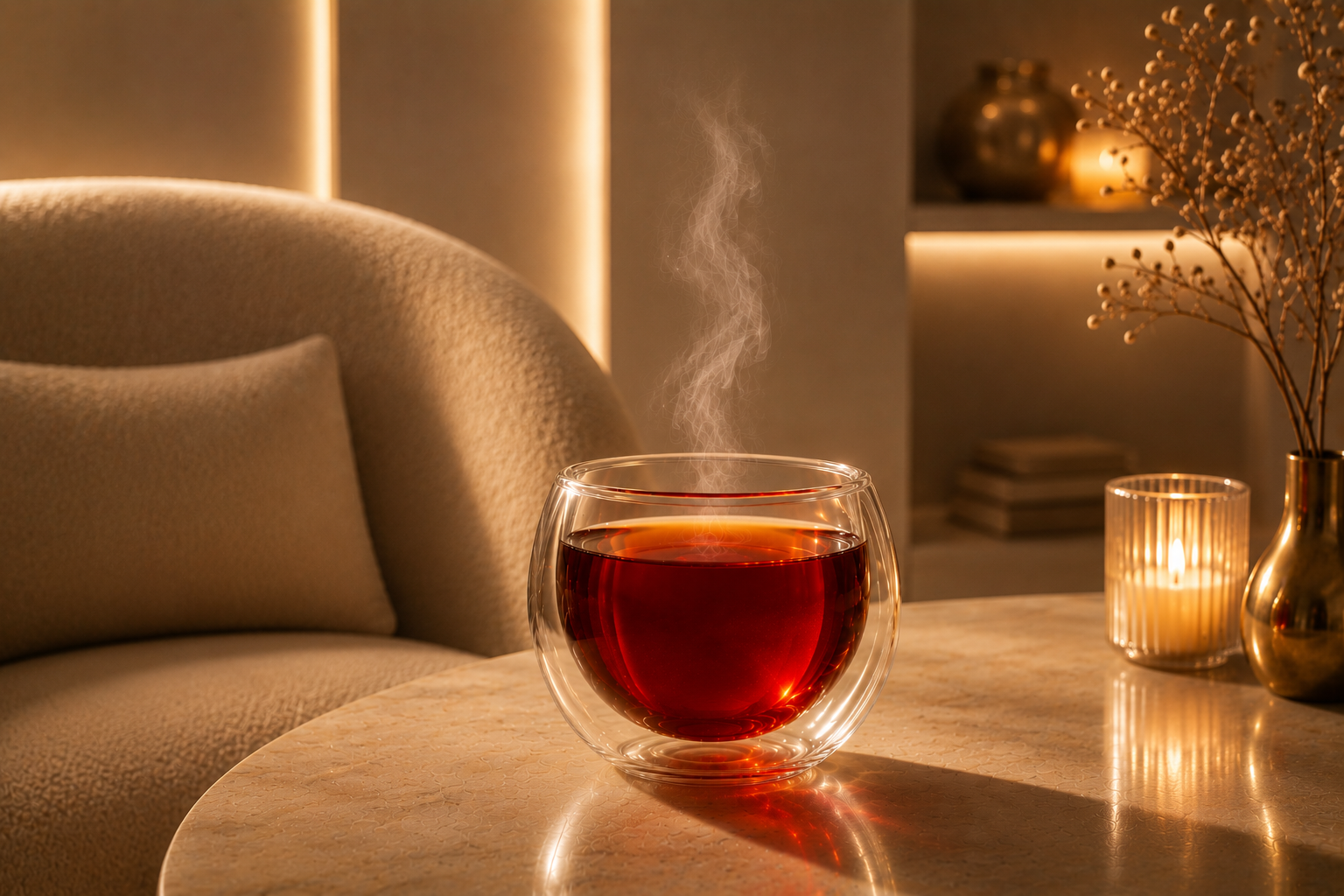 Rituel Velours Hazellia avec infusion Red Velvet à l’hibiscus rouge, mug en verre double paroi, intérieur moderne et chaleureux, rituel bien-être féminin premium.