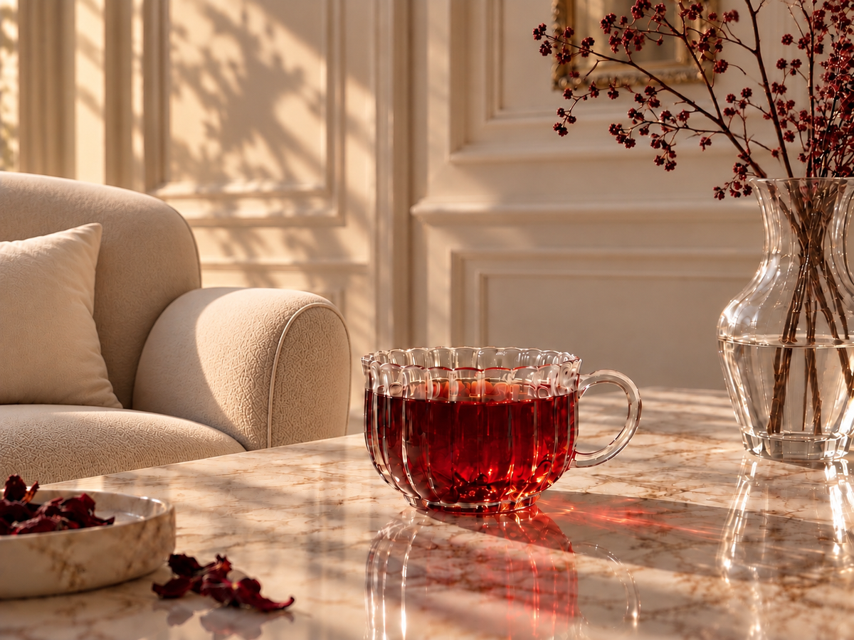 Rituel Rubis Carmine Ember – infusion à l’hibiscus rouge rubis dans une tasse en verre, décor contemporain élégant et fleurs bordeaux | Hazellia