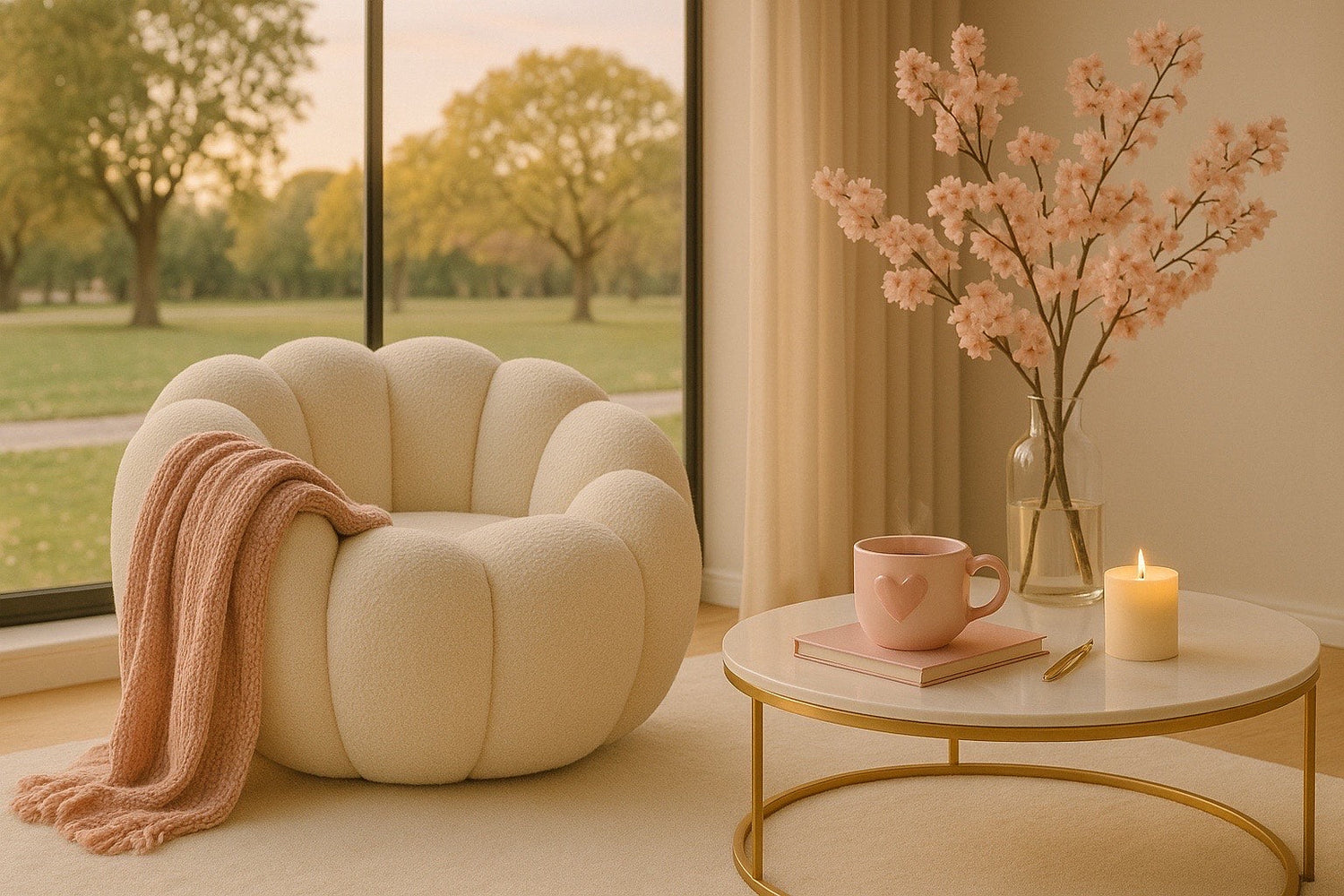 Fauteuil bubble crème avec plaid rose, mug et bougie allumée devant une grande fenêtre vue lac, rituel féminin Hazellia.