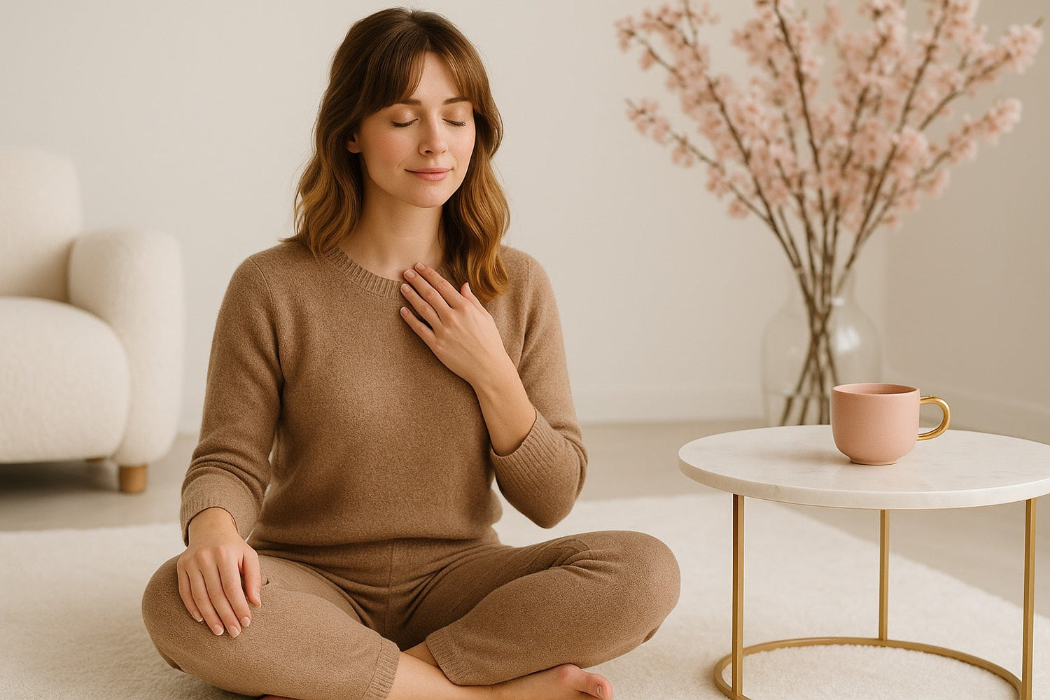 Femme assise en méditation, main posée sur la gorge, moment de bien-être lié à la thyroïde, ambiance douce et naturelle.