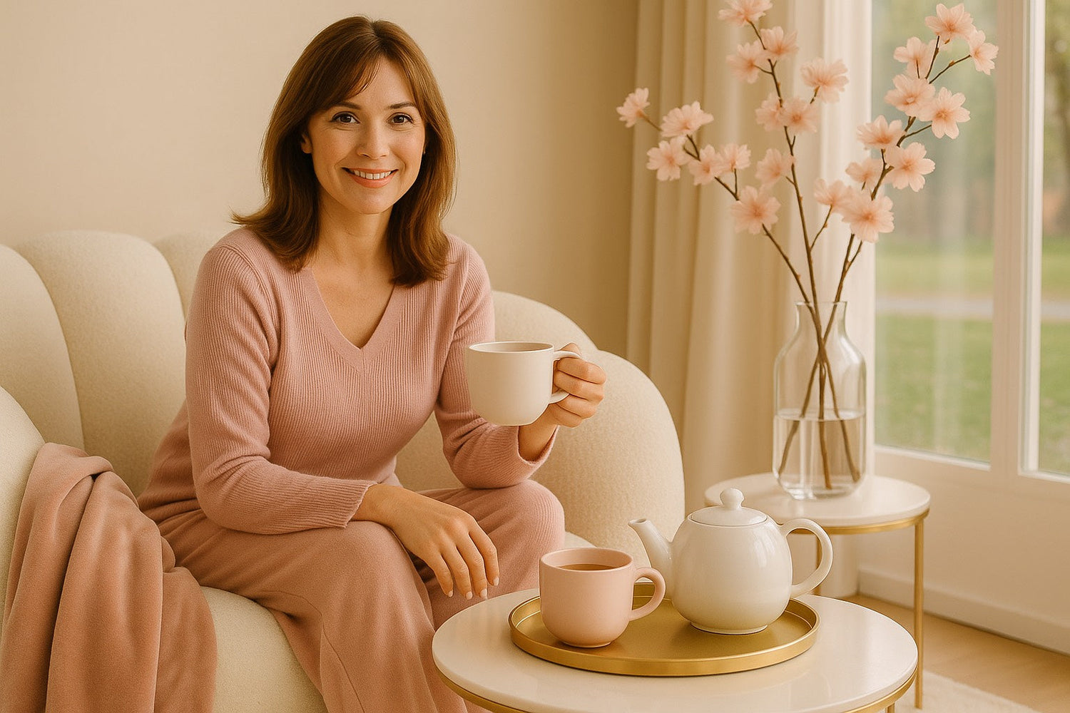 Femme mature détendue avec une tasse de thé dans un intérieur doux, ambiance cocooning Hazellia.