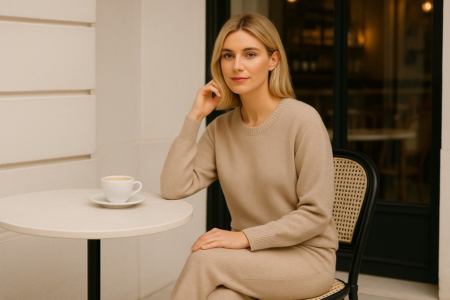 Femme blonde elegante portant un ensemble beige assise a la terrasse dun cafe parisien ambiance lumineuse douce et raffinee univers Hazellia