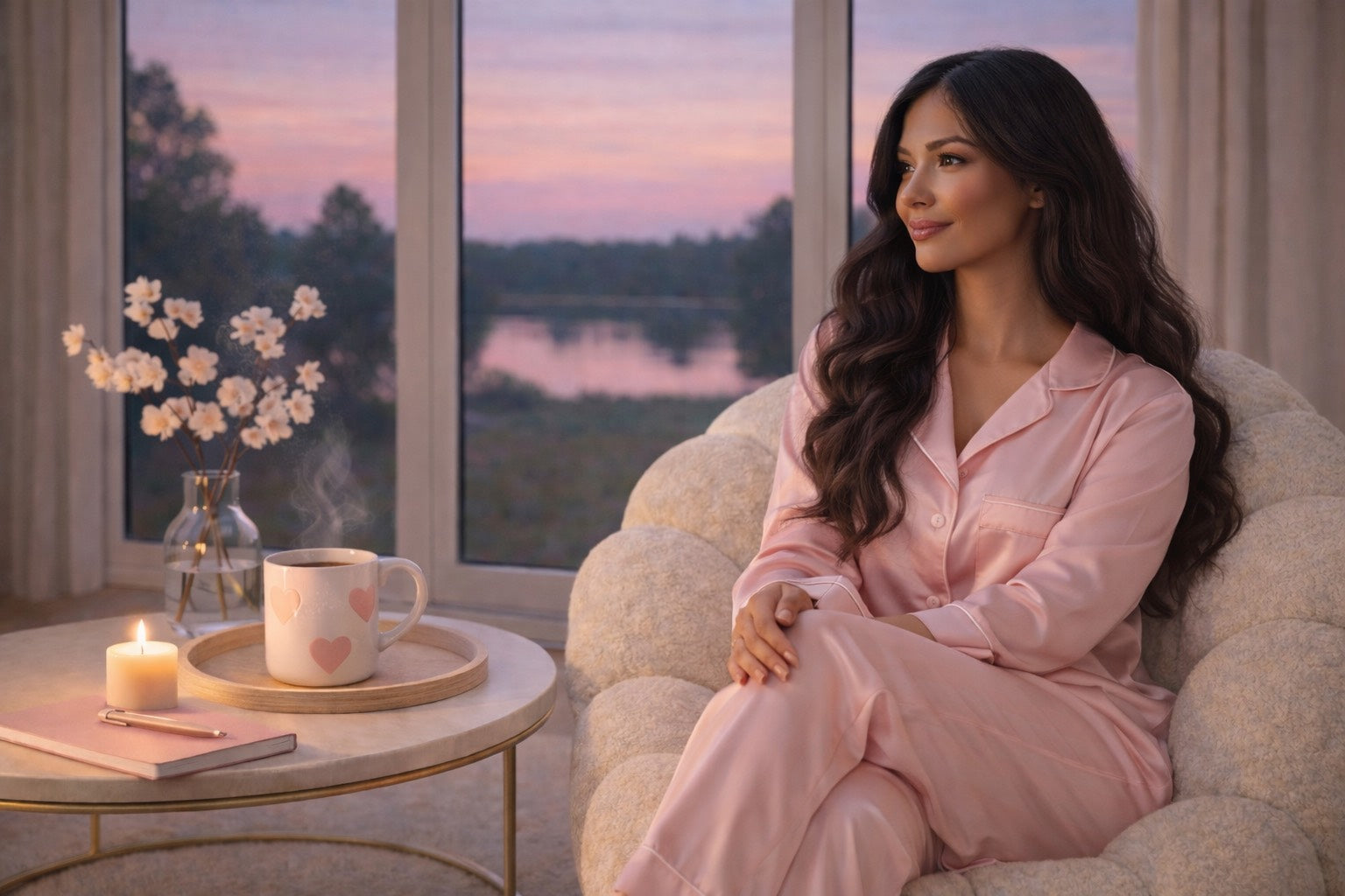 Rituel du soir apaisant : femme brune en tenue rose poudré, assise près d’une fenêtre au coucher du soleil, savourant une infusion chaude dans une ambiance douce et réconfortante.