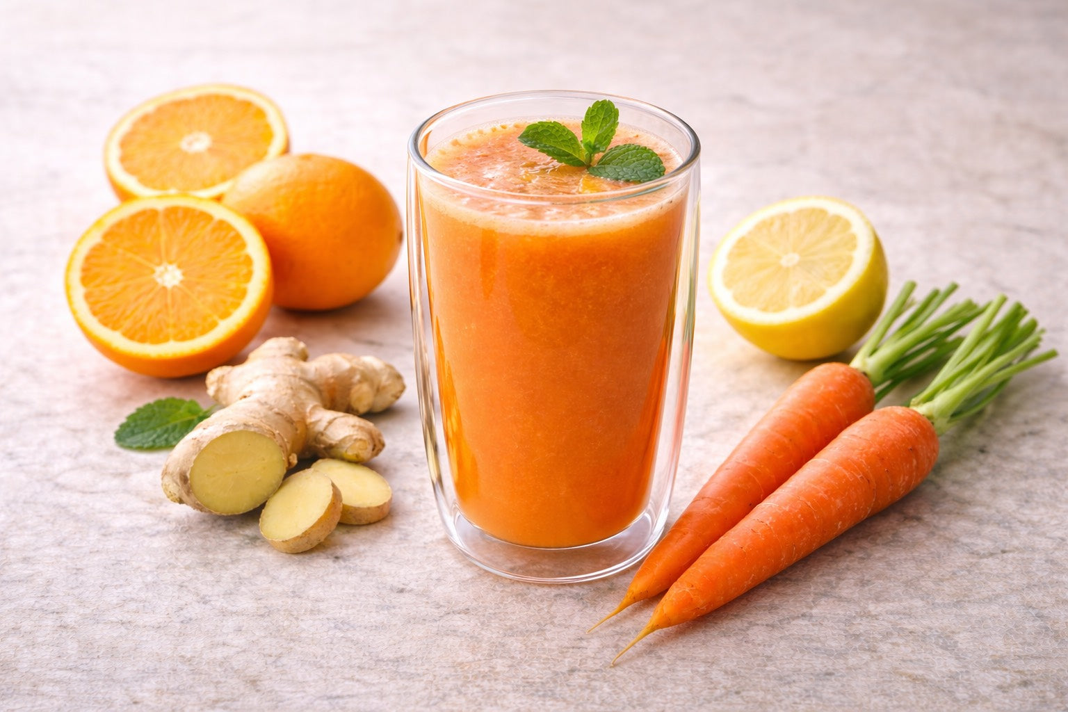 Verre de jus rétinol naturel orange vif à base de carotte, agrumes et gingembre, présenté dans un décor lumineux et premium, symbole d’une peau éclatante.