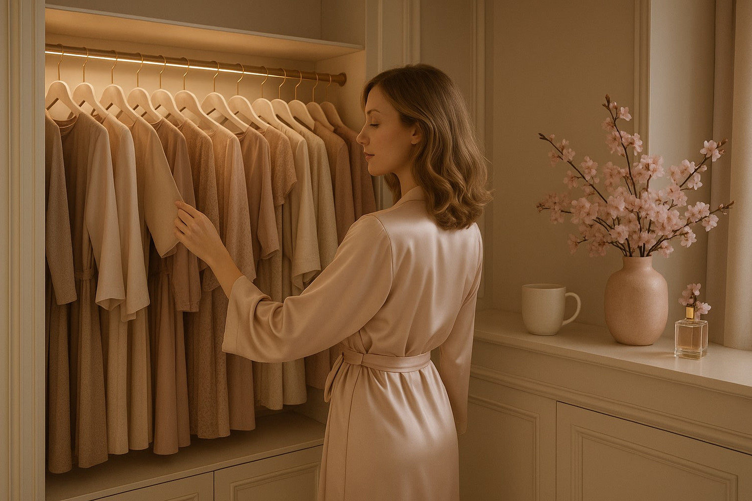 Femme en peignoir satiné beige devant un dressing organisé de vêtements neutres, en train de choisir une tenue confortable et élégante dans une ambiance douce Hazellia.