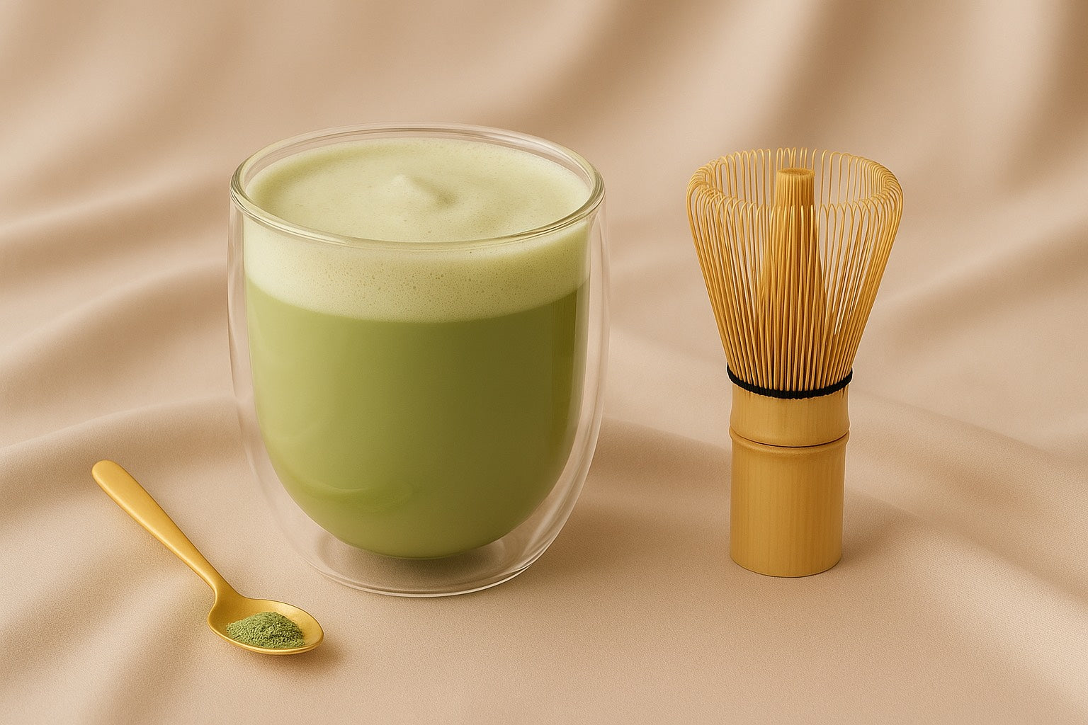 Tasse transparente de matcha latte crémeux avec fouet japonais sur fond beige satin dans un style minimaliste et féminin.