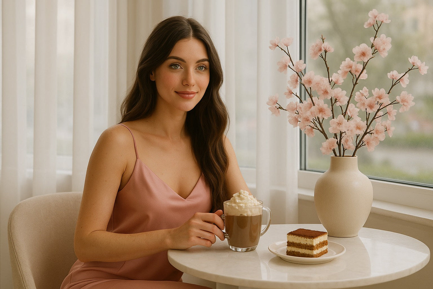 Femme savourant un moment de douceur avec une boisson chaude et un dessert, ambiance apaisante et féminine Hazellia