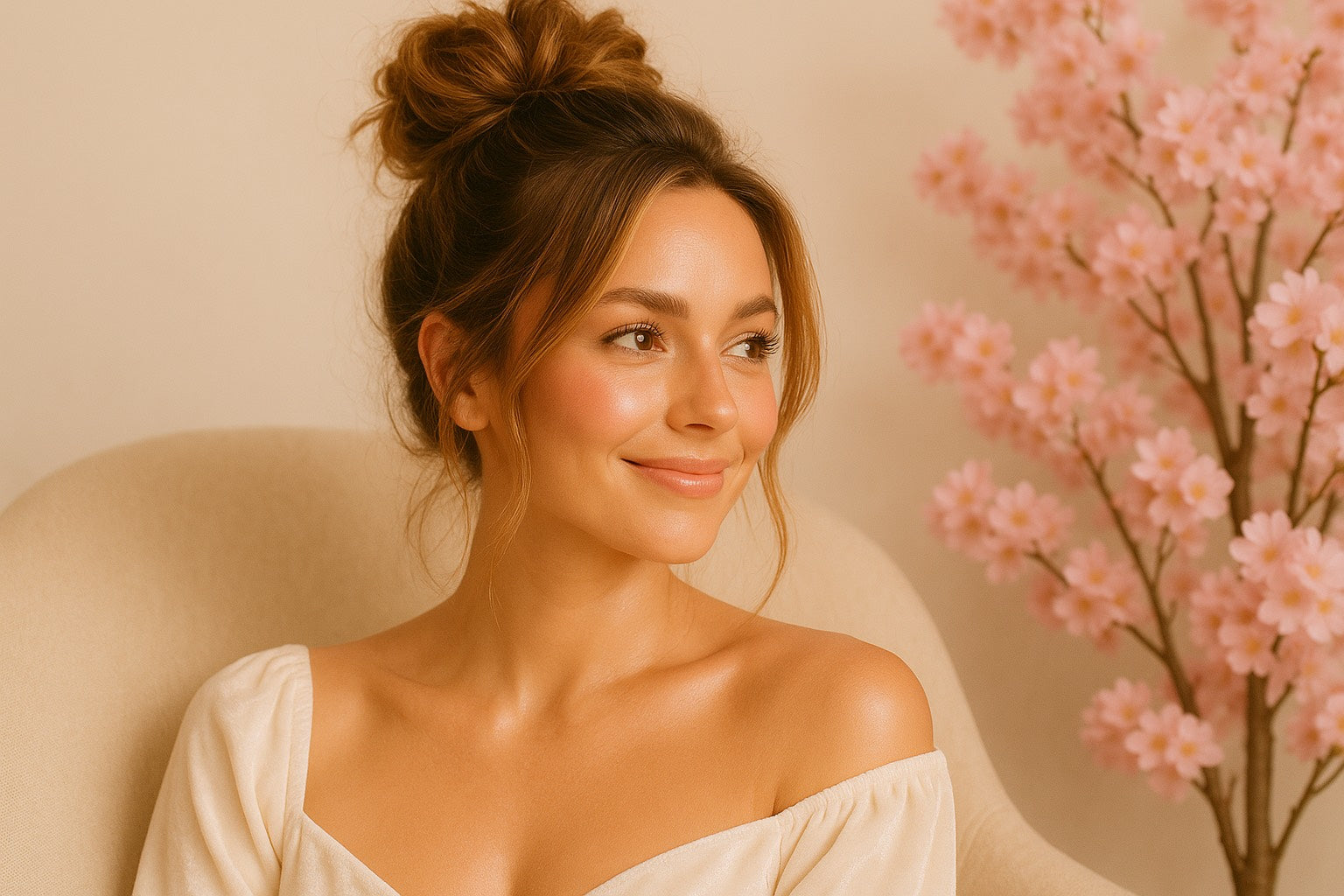 Femme assise dans un intérieur doux tenant une tasse, symbole de self-care et protection de son énergie.