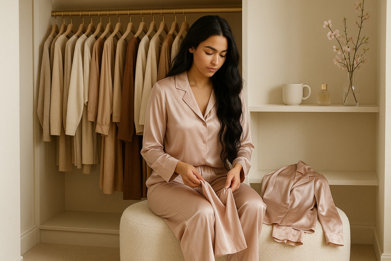 Femme portant un ensemble homewear en matière douce, manipulant un vêtement en satin dans un dressing aux tons beiges, symbole de confort et de bien-être féminin.