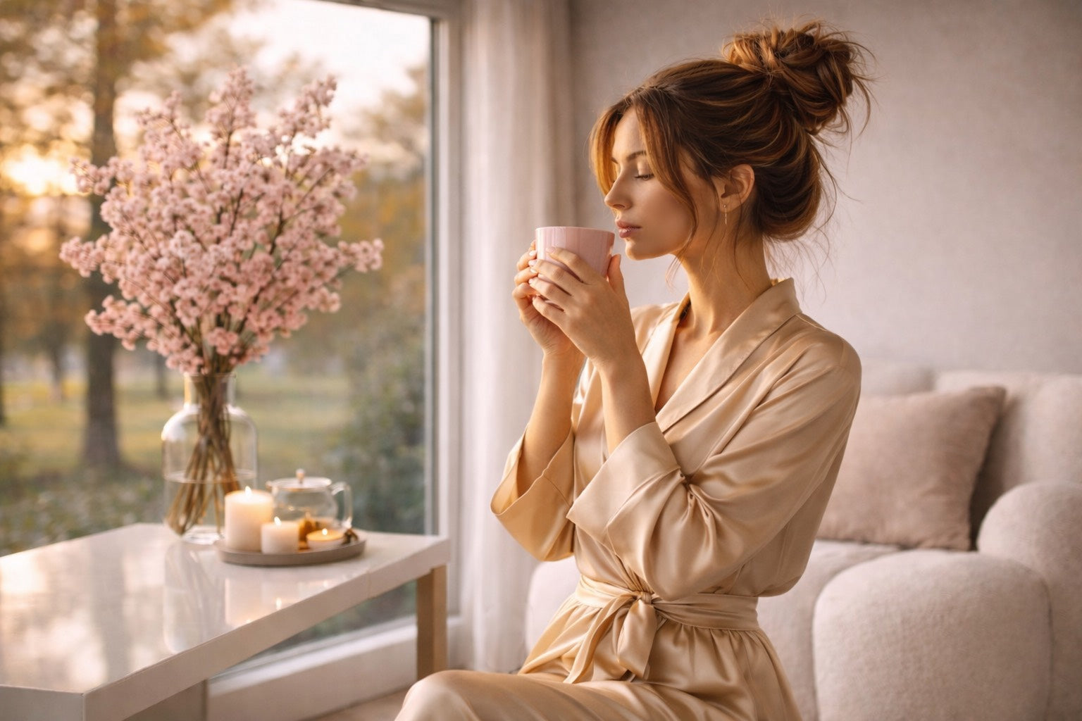 Femme en ensemble satin beige doré tenant une infusion dans un intérieur Hazellia lumineux, fauteuil bubble blanc et branches de cerisier, ambiance slow living