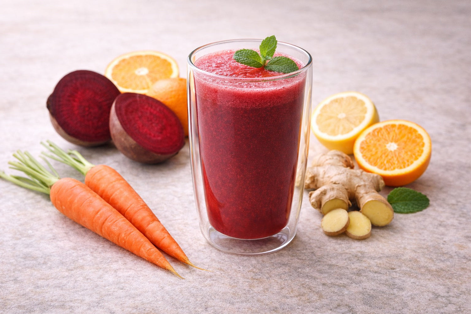 Jus naturel boost fer à base de betterave, carotte, orange, citron et gingembre, servi dans un verre double paroi au style premium, ambiance Skin Food Hazellia.