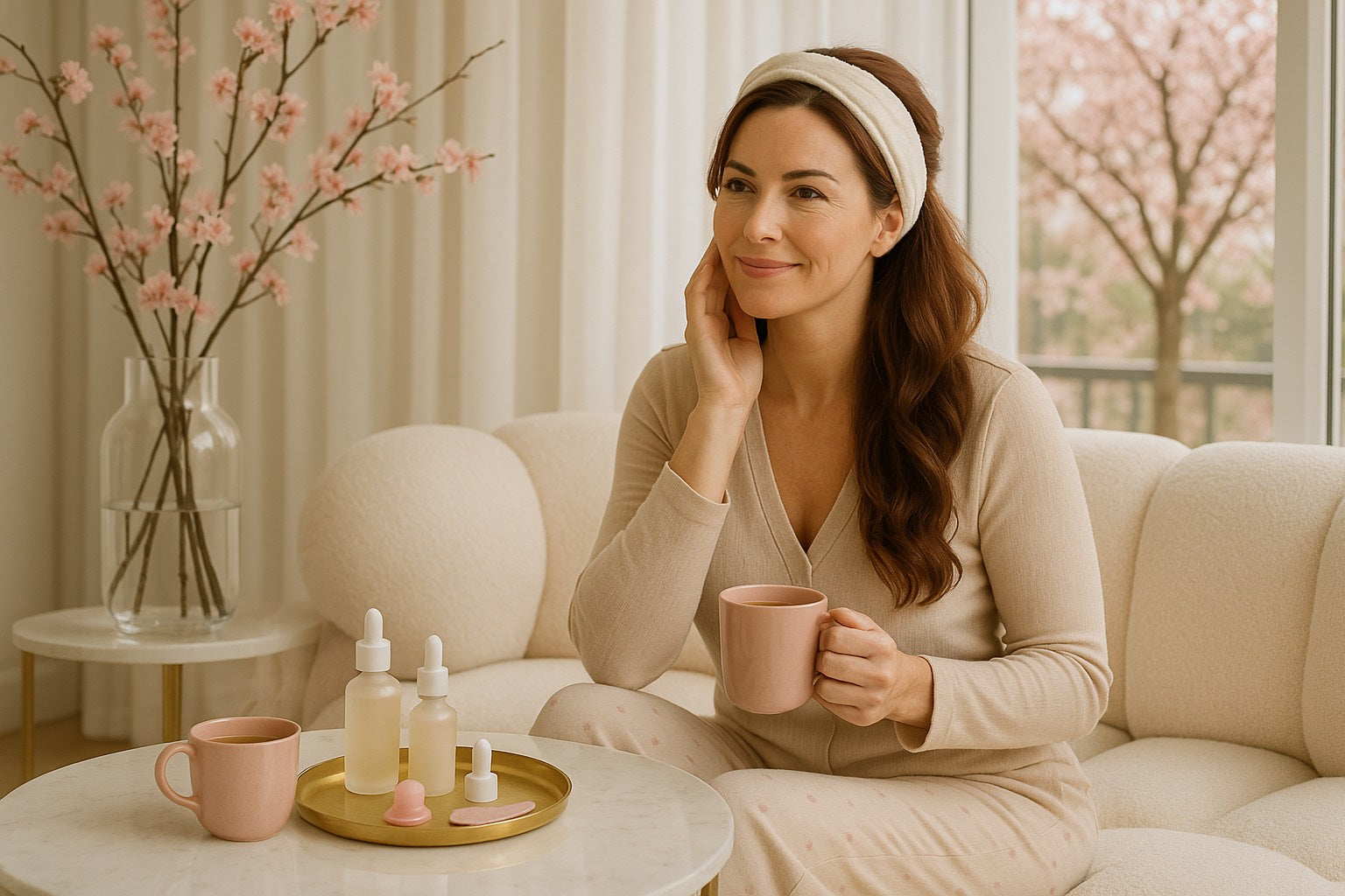Routine du matin femme active avec boisson chaude et soins visage.