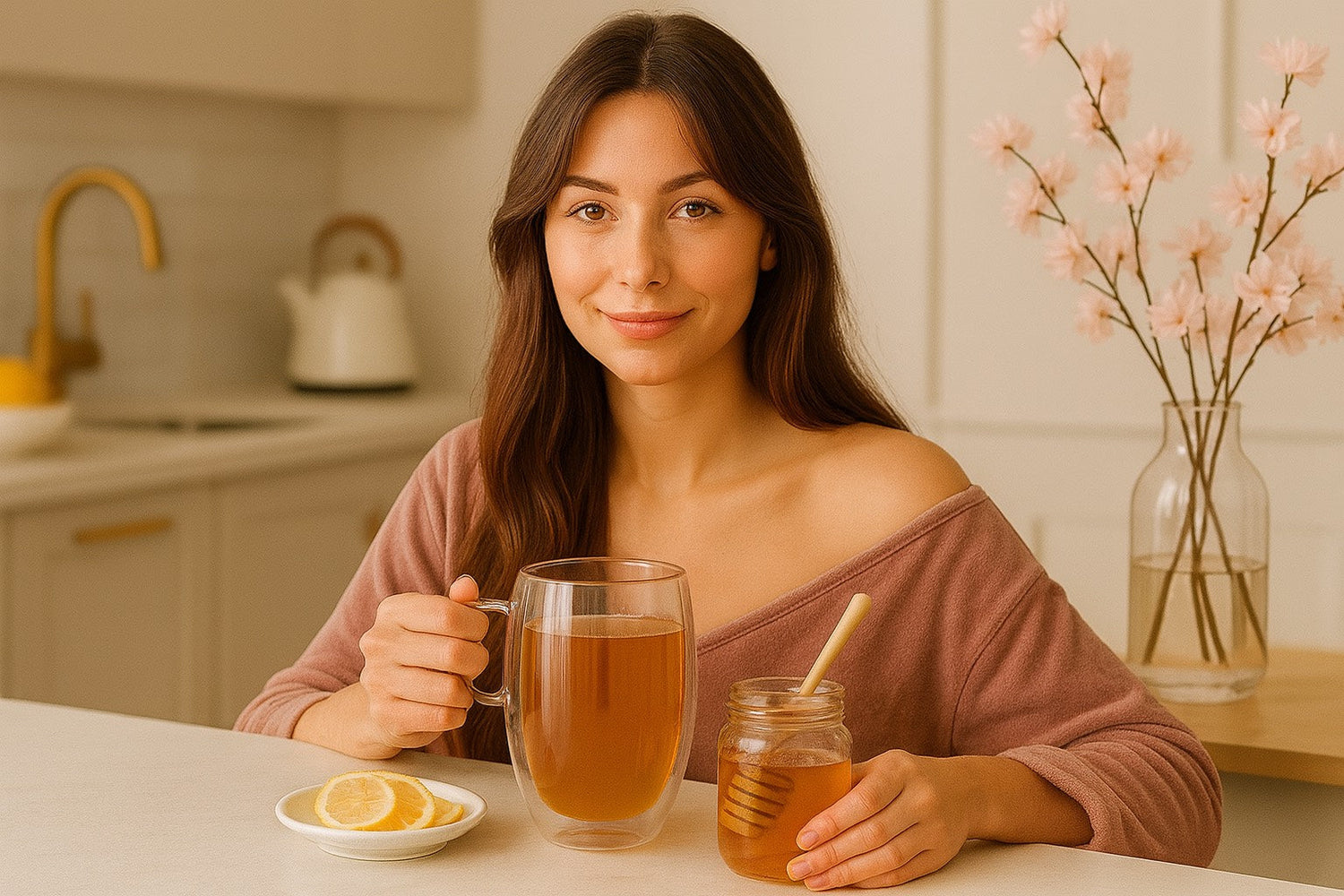 Femme dans une cuisine lumineuse avec une tasse d’infusion chaude, un pot de miel et du citron, décor doré et fleurs de cerisier. Ambiance bien-être cocooning.