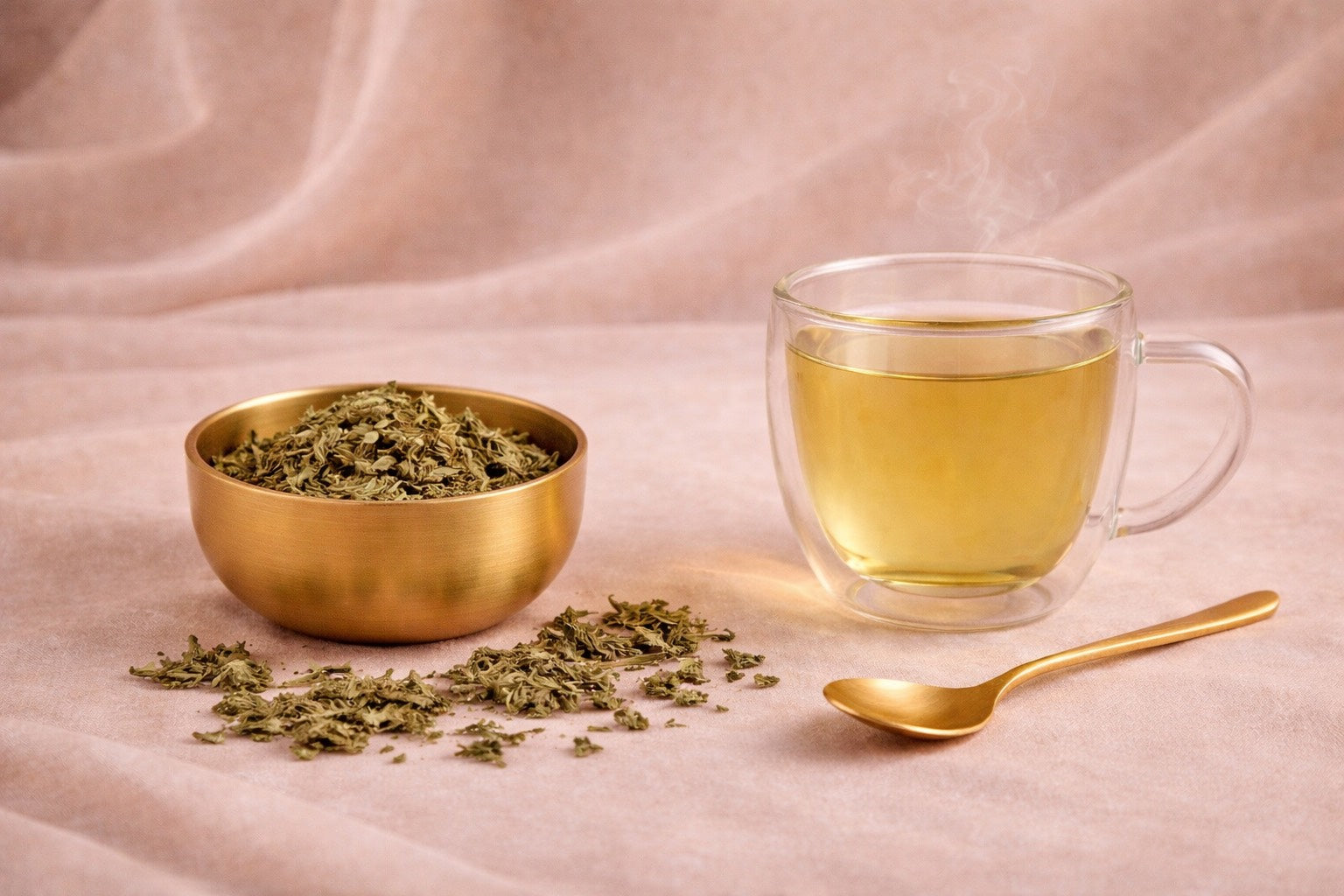 Rituel bien-être à base d’ortie : infusion dorée dans une tasse double paroi, ambiance douce et élégante.