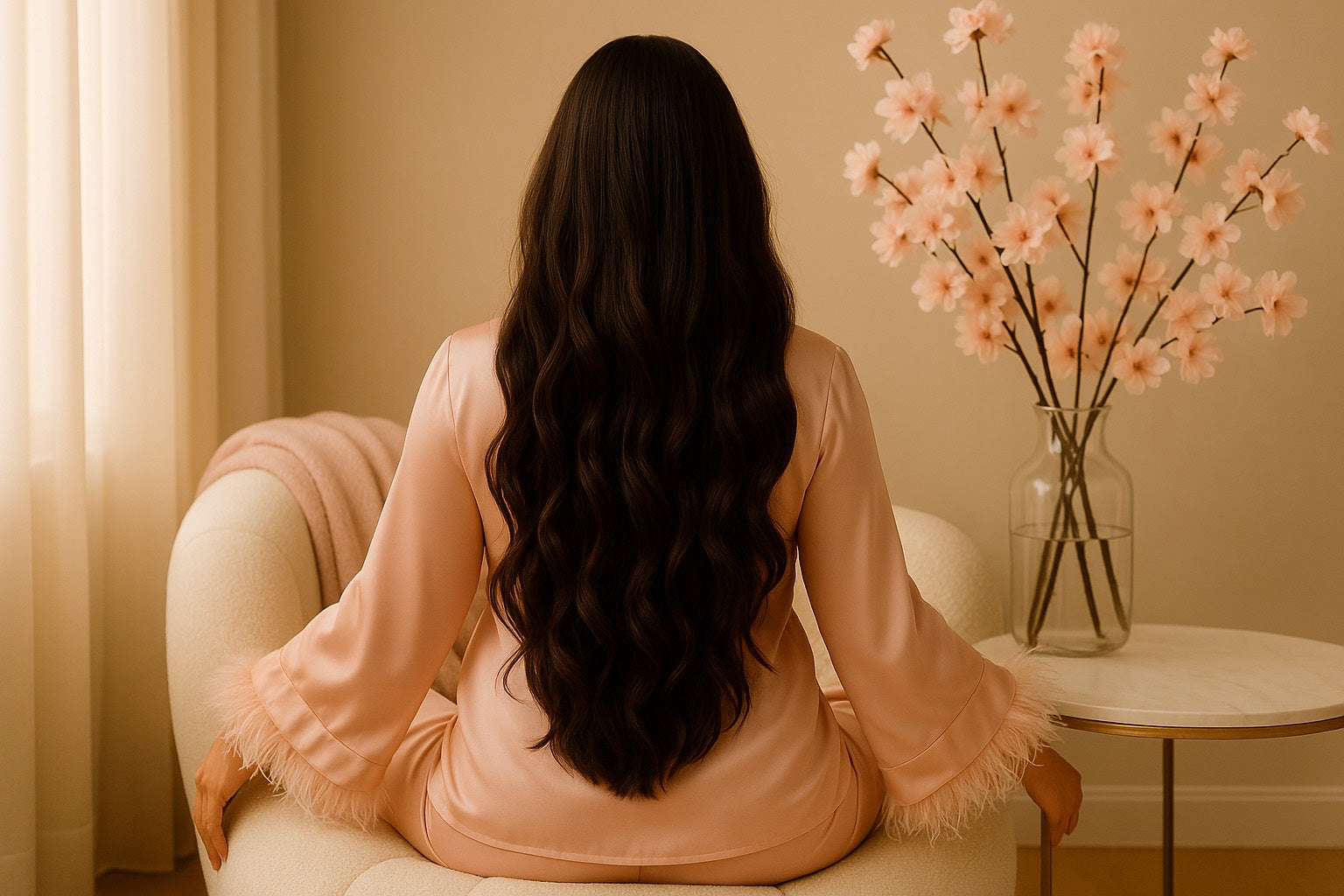 Femme assise de dos dans un intérieur doux Hazellia, en satin rose, entourée de fleurs de cerisier, illustrant le rituel féminin et le bien-être.