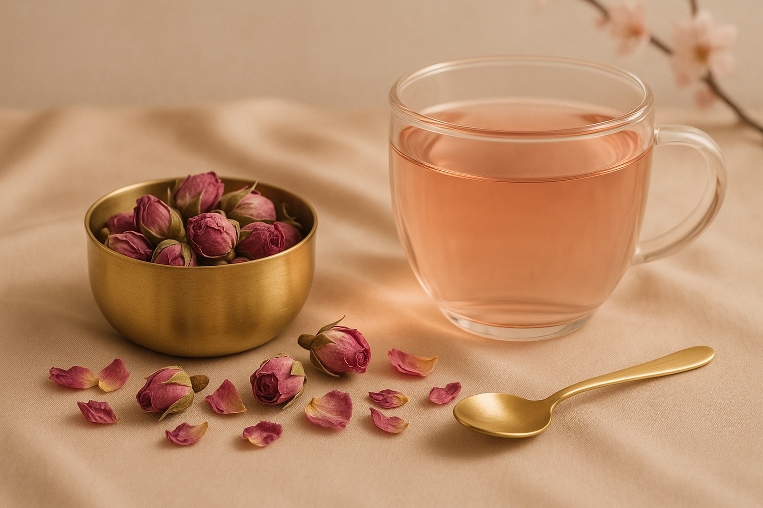 Tasse d'infusion à la rose de damas et boutons de rose séchée sur fond satin beige