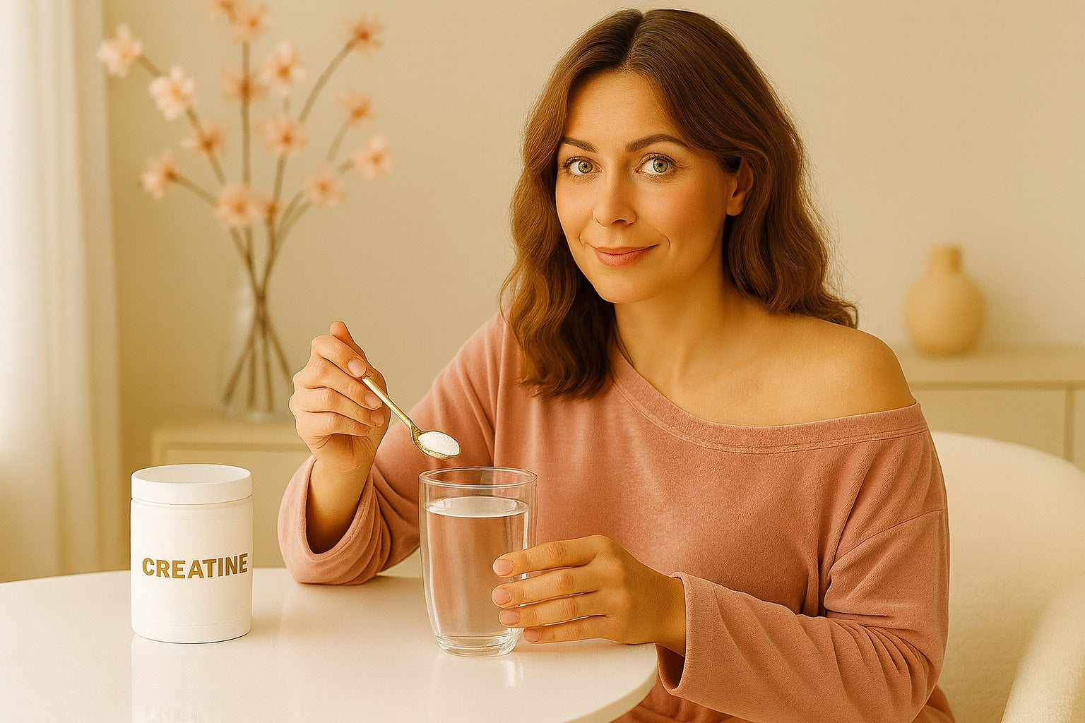Femme de 35 ans en ensemble velours rose poudré prenant de la créatine avec un verre d’eau sur une table blanche, ambiance premium douce et minimaliste style Hazellia