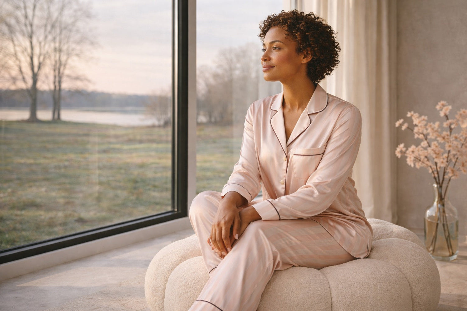 Femme élégante assise sur un pouf beige près d’une baie vitrée, incarnant la force intérieure, la résilience et la douceur féminine dans un univers bien-être Hazellia.