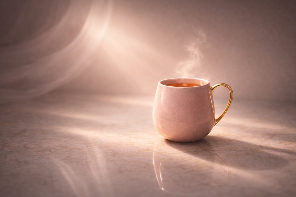 blush pink ceramic mug with warm herbal infusion on marble surface soft light beauty ritual atmosphere