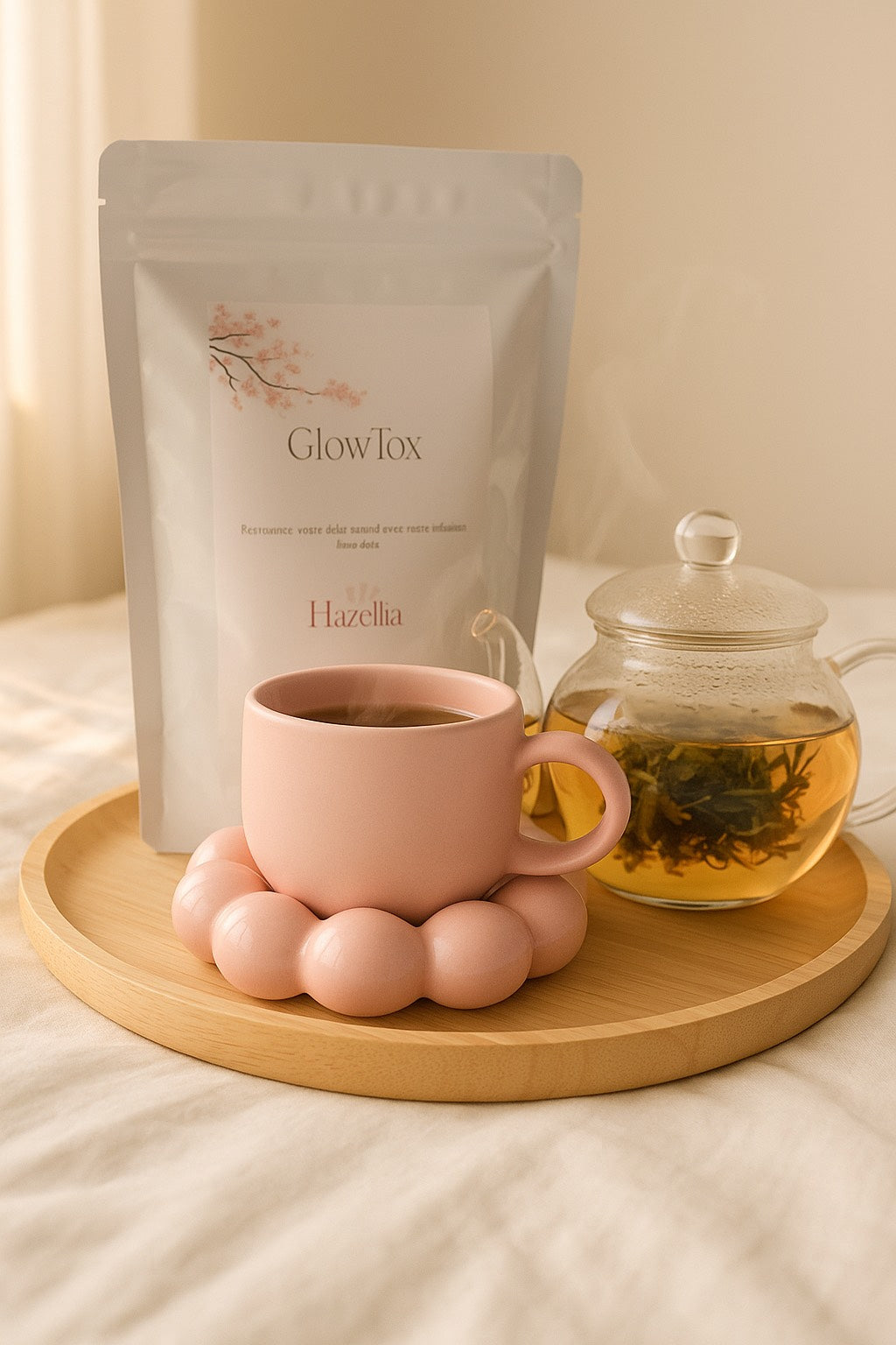 Infusion GlowTox Hazellia sur plateau avec tasse rose — rituel beauté détox naturel.