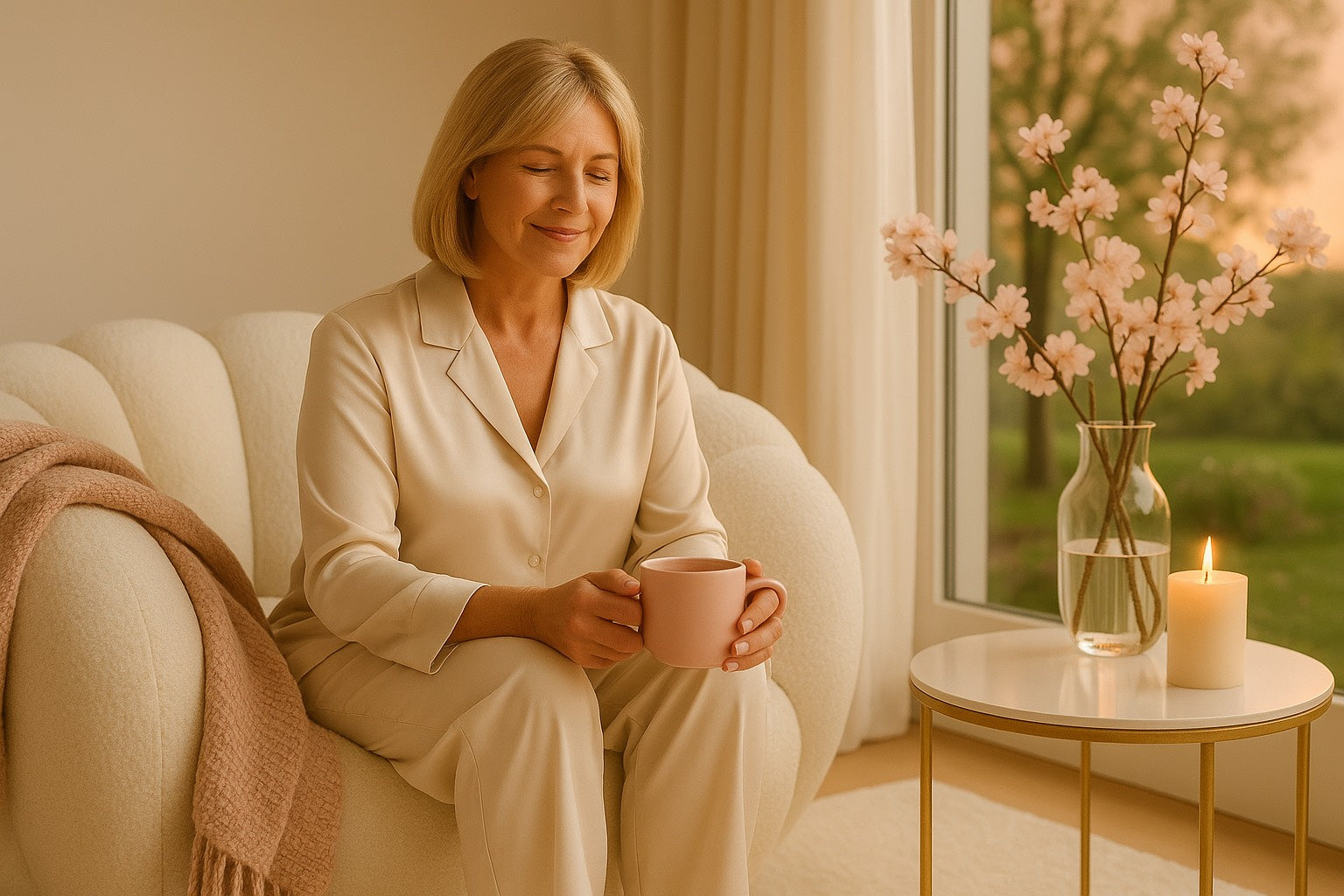 Femme savourant une infusion d’hibiscus pour soutenir l’énergie féminine en douceur.