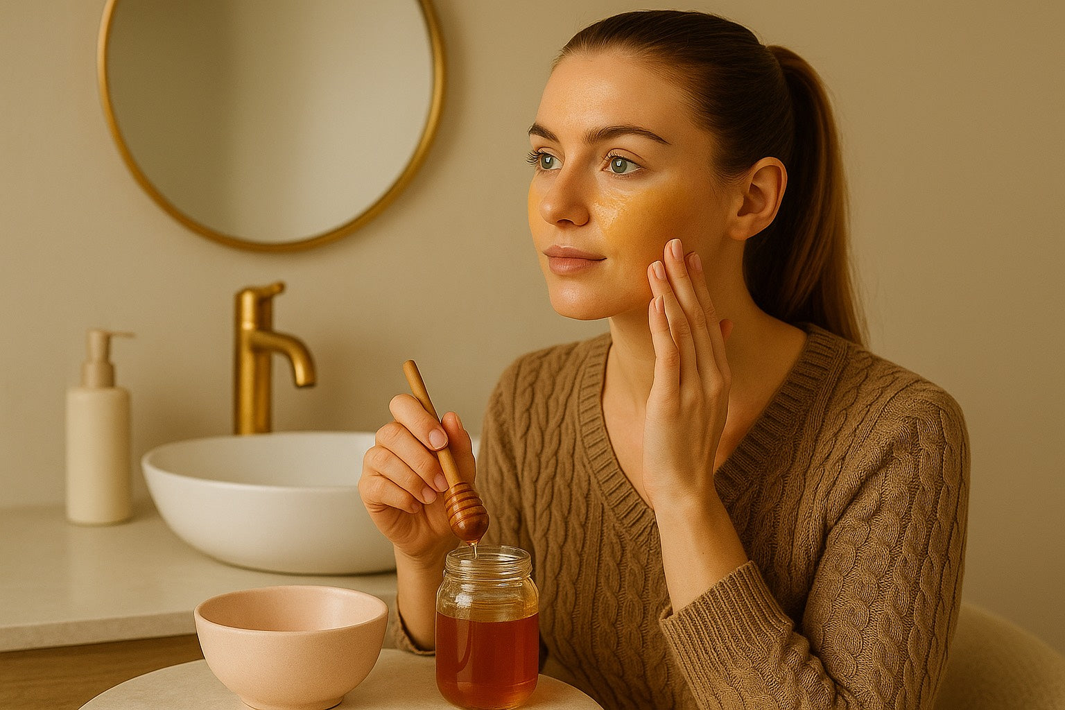 Femme appliquant un masque au miel sur son visage dans une salle de bain minimaliste et luxueuse. Elle est assise devant un pot de miel. Ambiance beauté naturelle et self-care féminin.