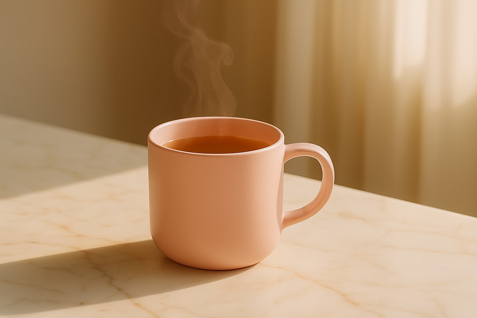 Mug rose pâle avec boisson chaude et vapeur, posé sur une table en marbre beige, ambiance douce et lumineuse style Hazellia.