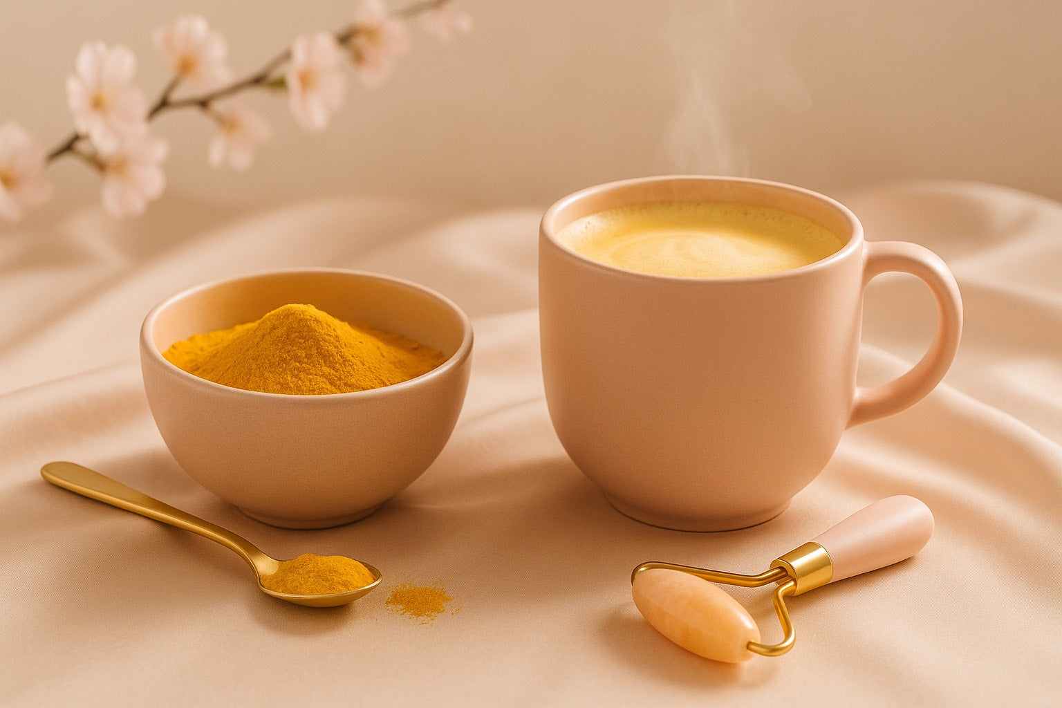 Bol de poudre dorée et tasse de golden latte chaud posés sur un tissu satiné beige, avec cuillère dorée et roller visage. Branche de fleurs de cerisier floue en arrière-plan. Scène douce, minimaliste et bien-être.