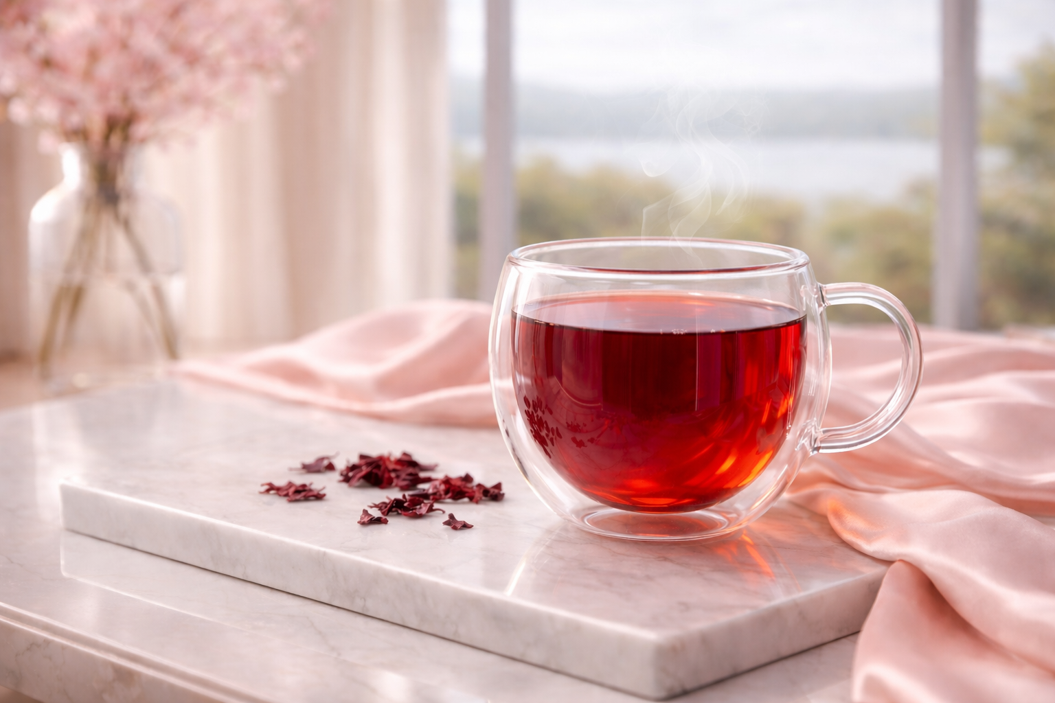 Tasse d’infusion d’hibiscus rouge dans un mug double paroi sur plateau en marbre avec satin rose poudré et fleurs d’hibiscus séchées dans une ambiance lumineuse Hazellia.