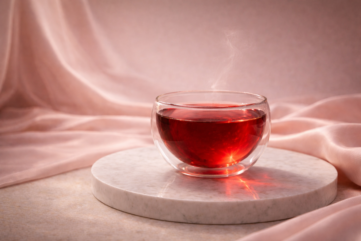 infusion hibiscus rouge dans tasse en verre, thé naturel pour une peau éclatante, rituel beauté féminin Hazellia