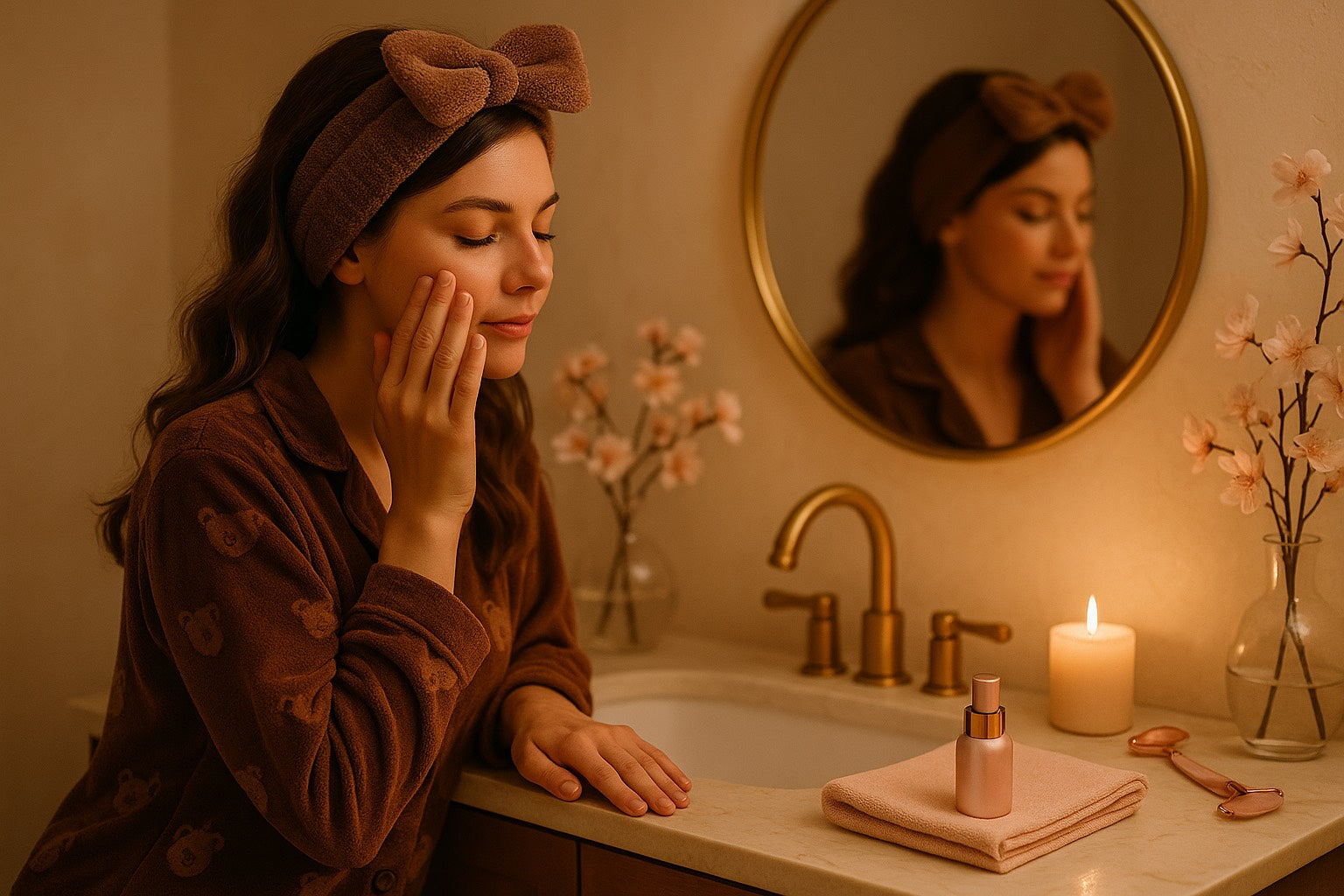 Routine beauté du soir : femme appliquant un sérum visage devant le miroir, peignoir velours marron, ambiance cocooning rose beige