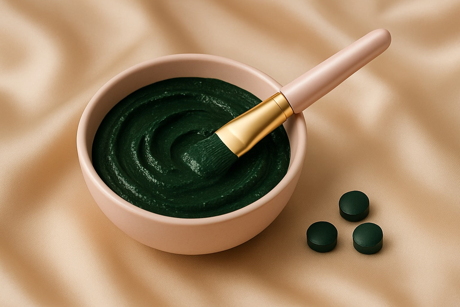 Bol en céramique rose contenant un masque à la spiruline vert foncé, pinceau applicateur rose nacré et comprimés de spiruline sur fond satin beige, rituel beauté naturel.